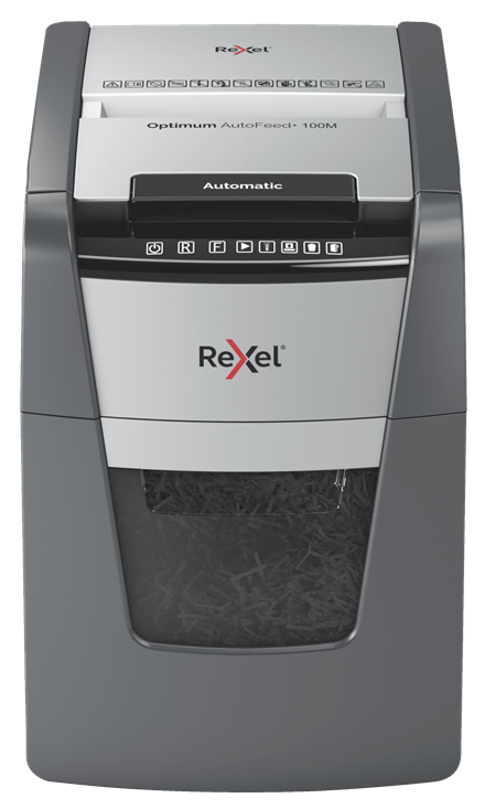 Rexel Optimum AutoFeed+ 100M Aktenvernichter mit Partikelschnitt P-5, 2 x 15 mm, bis 100 Blatt, schwarz