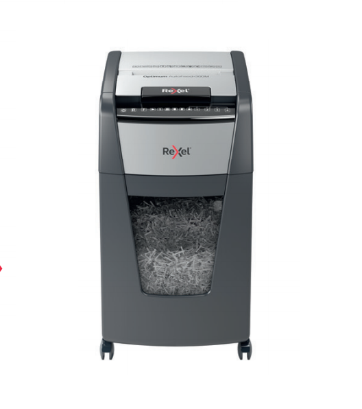 Rexel Optimum AutoFeed+ 300X Aktenvernichter mit Partikelschnitt P-4, 4 x 26 mm, bis 300 Blatt, schwarz