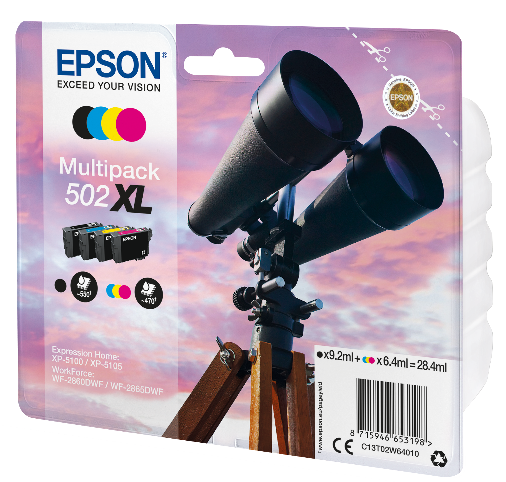EPSON 502XL/T02W64 (Fernglas) schwarz, cyan, magenta, gelb Druckerpatronen, 4er-Set