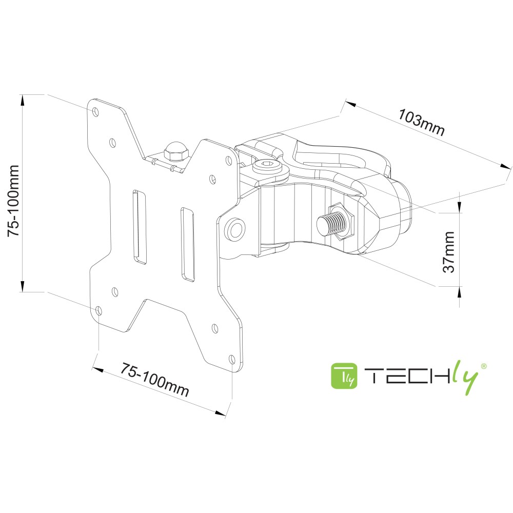 TECHLY Masthalter schwarz fuer 1 LCD TV 33,02cm bis 76,20cm Tragklast bis 10Kg Neigbar Schwenkbar und Drehbar