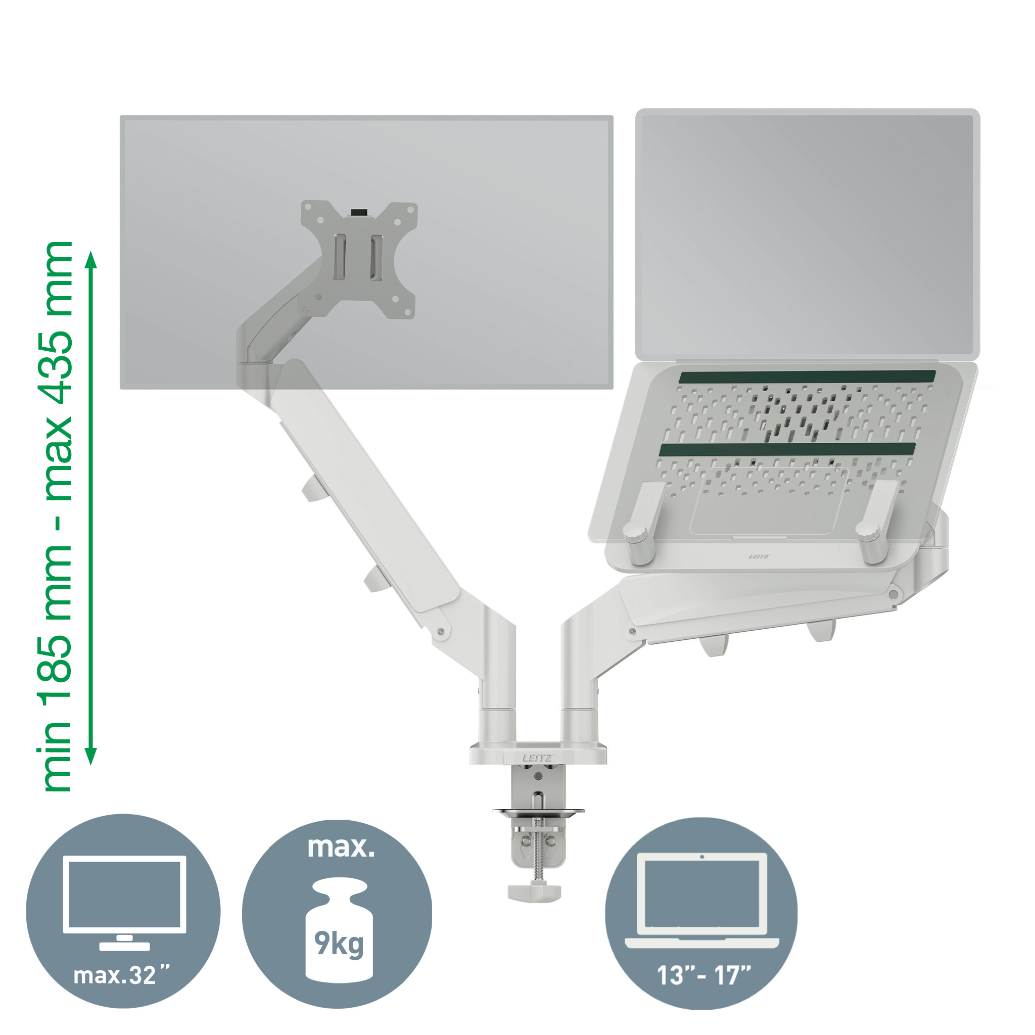 LEITZ Laptop-Monitor-Halterung Ergo 65380085 lichtgrau für 1 Monitor und 1 Laptop, Tischklemme