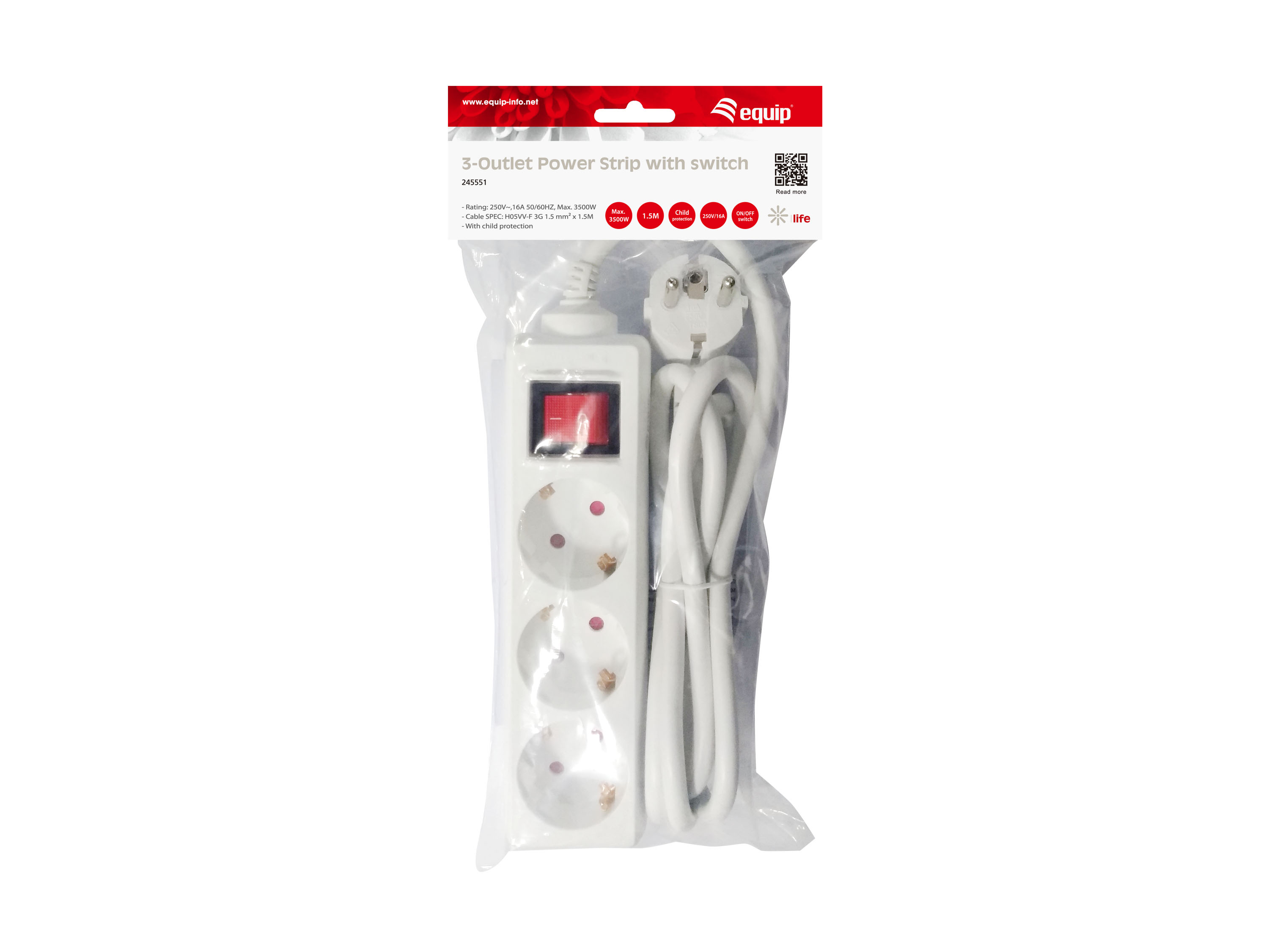 Equip Steckdosenleiste 3xSchuko+Switch->St.90°CL ws. Pla.