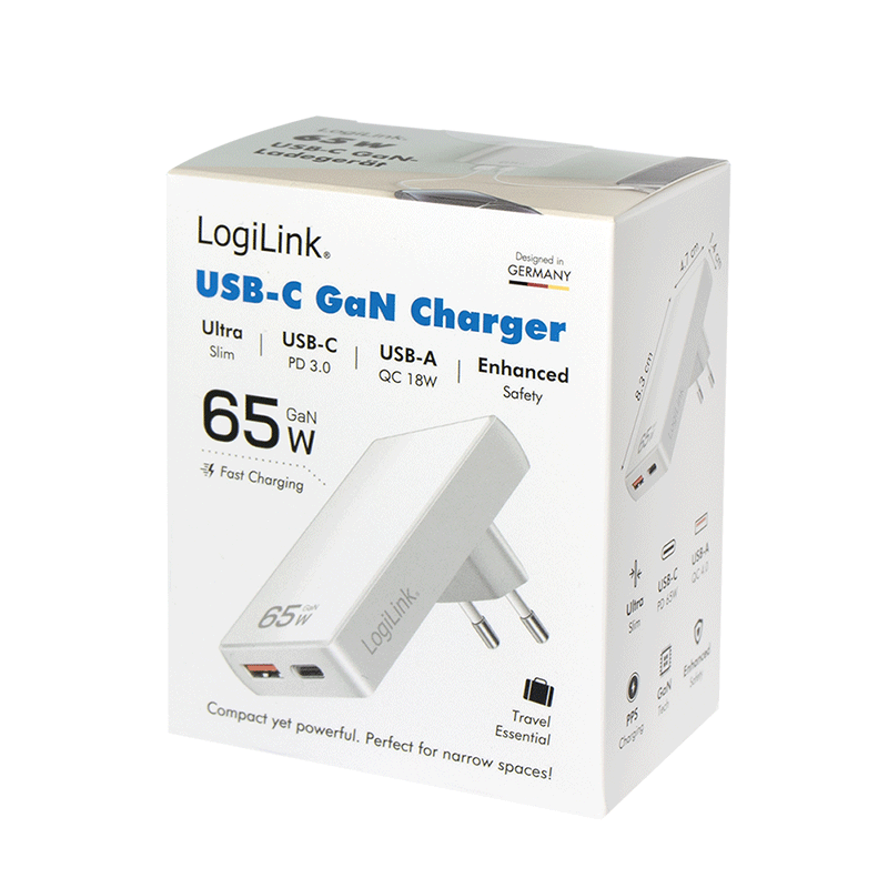 Logilink USB Steckdosenadapter 1xUSB-A, 1xUSB-C, 65W weiß