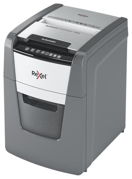 Rexel Optimum AutoFeed+100X Aktenvernichter mit Partikelschnitt P-4, 4 x 28 mm, bis 100 Blatt, schwarz