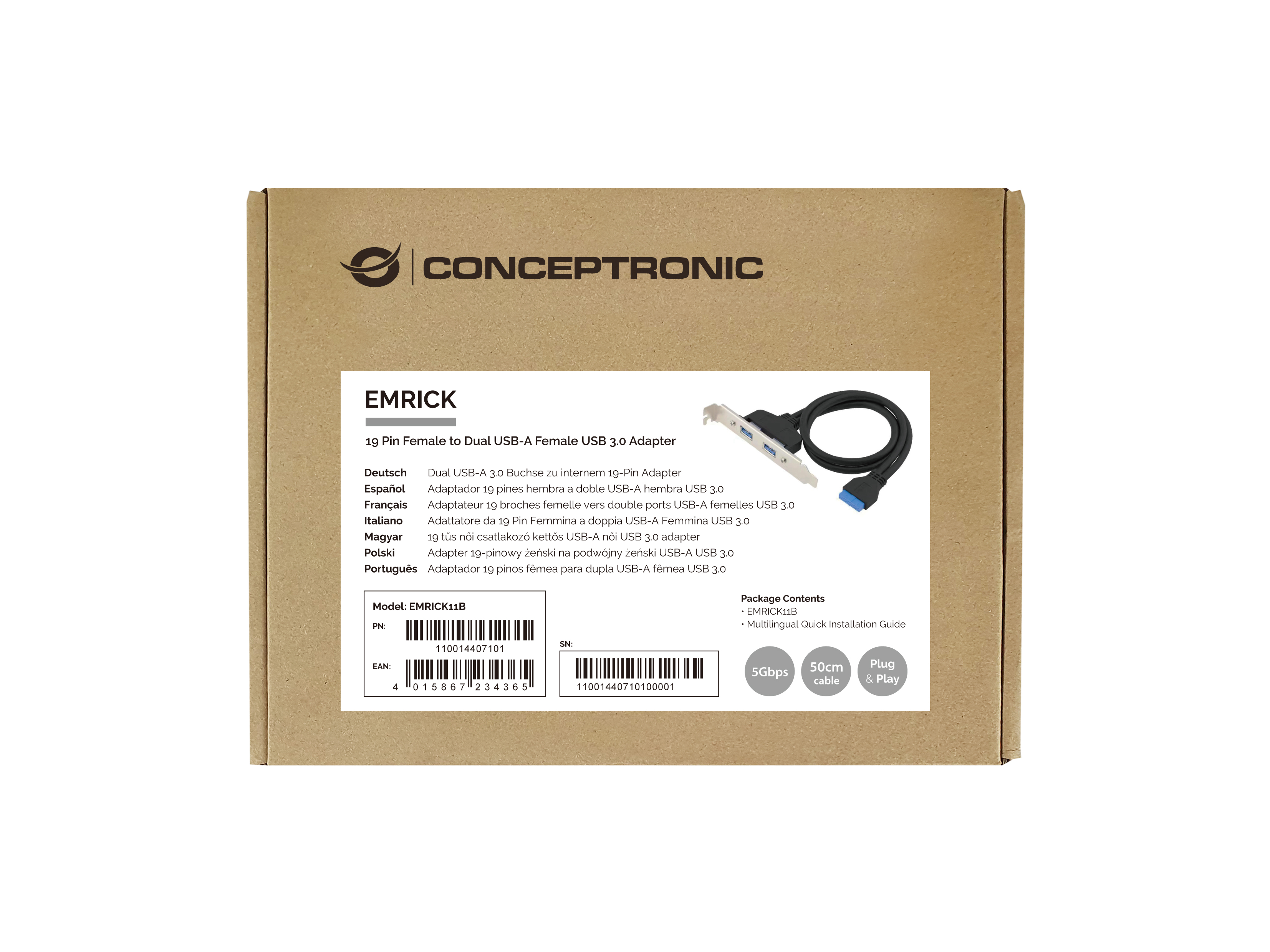 CONCEPTRONIC Slotblech 19/20-Pin->2xUSB-A3.0 Bu/Bu schwarz