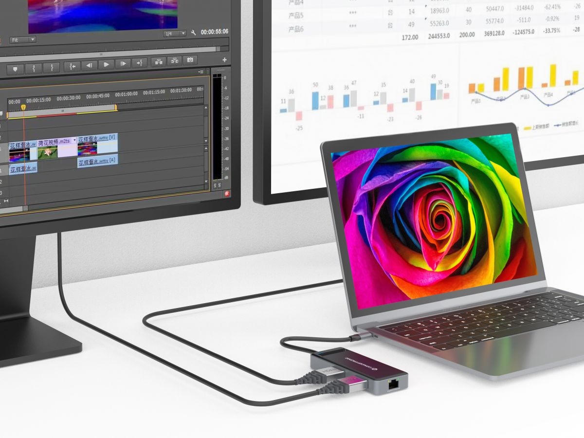 CONCEPTRONIC 7-1 Dock USB-C->2xHDMI/3xUSB-A/GbE/+ 25cm gr