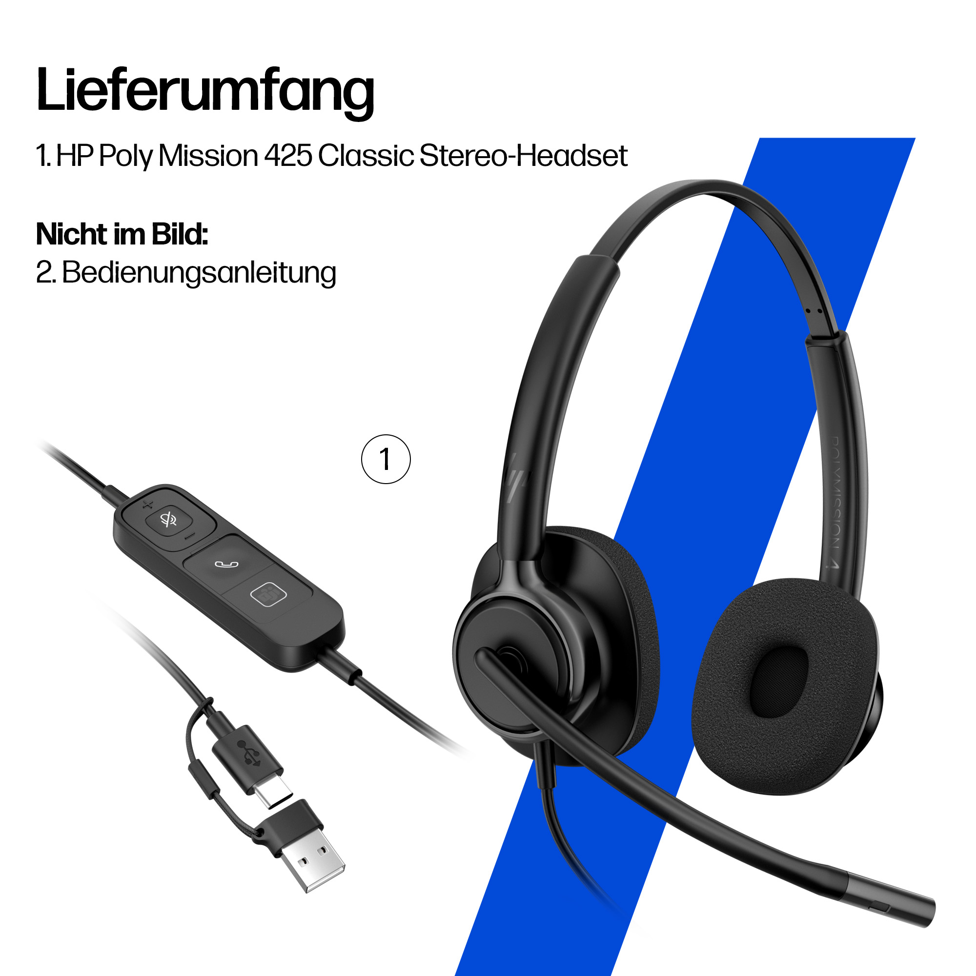HP Poly Mission 425 Stereo USB Wired Headset Classic Bulk WW
