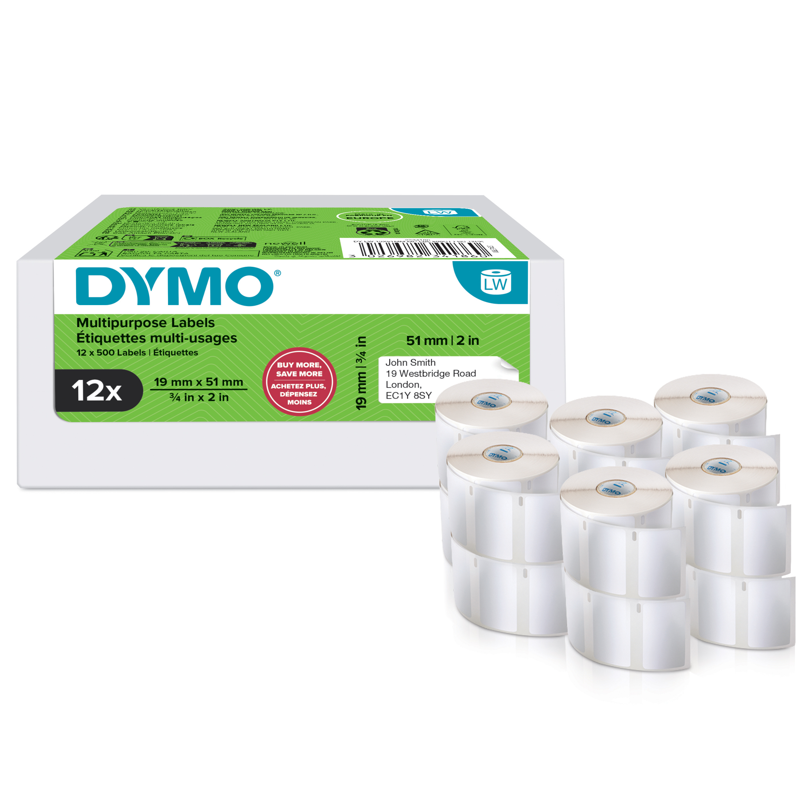 DYMO Etikettenrolle für Etikettendrucker weiß, 51,0 x 19,0 mm, 12 x 500 Etiketten