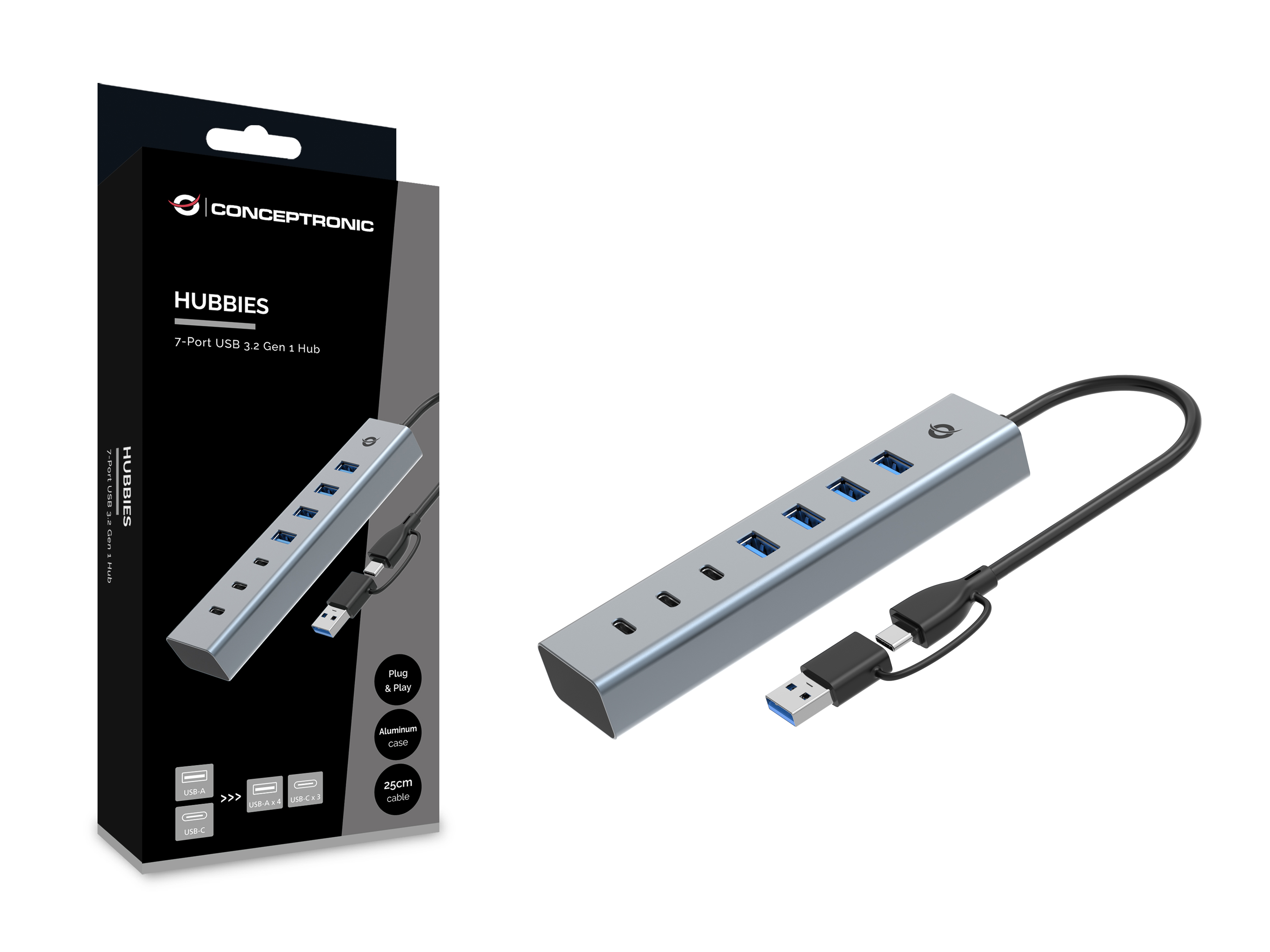 CONCEPTRONIC 7-Port Hub USB-A3.0/-C Adap.->4xA3.0+o.Netz. gr