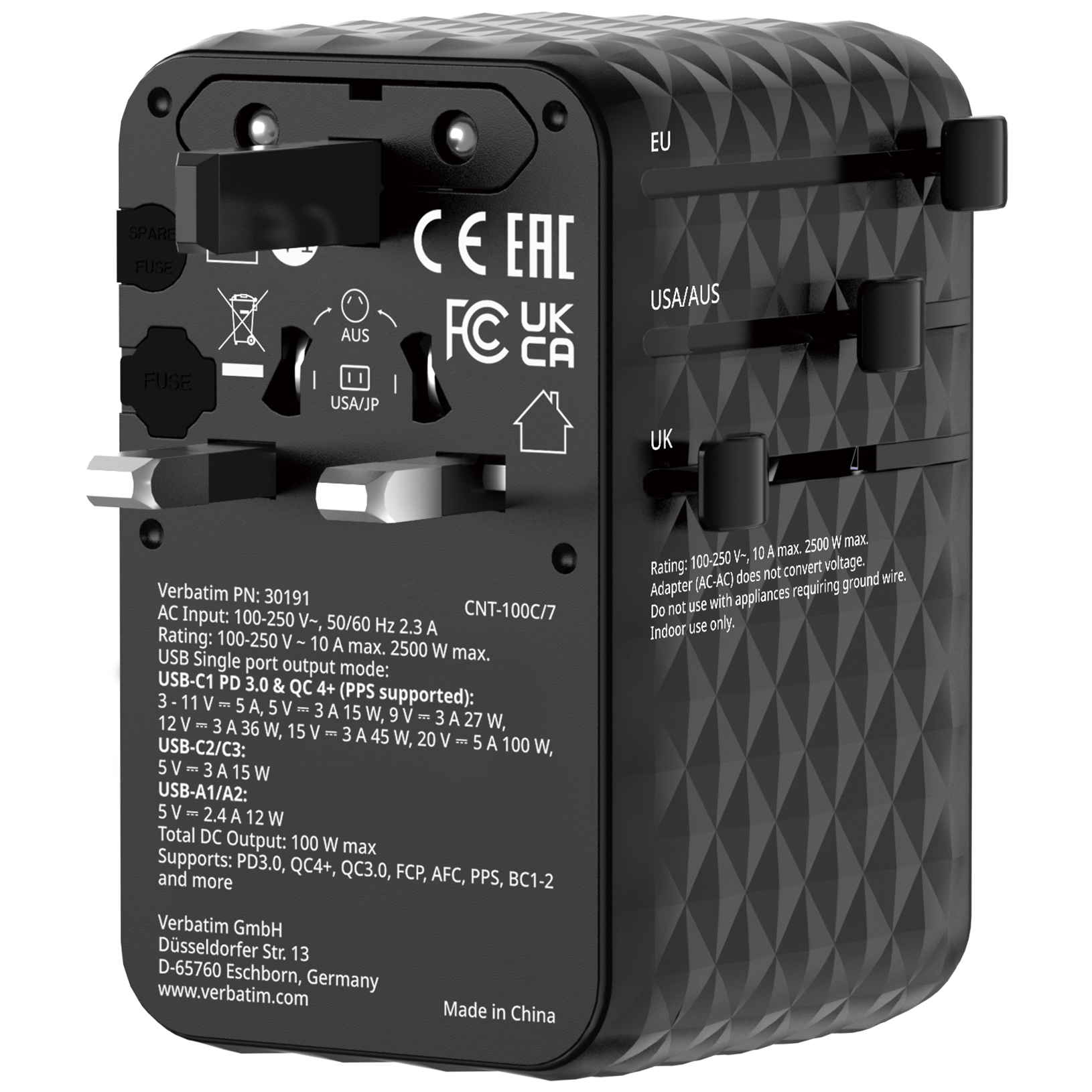 Verbatim Charge'n'Travel Adapter 100W 1C retractable black