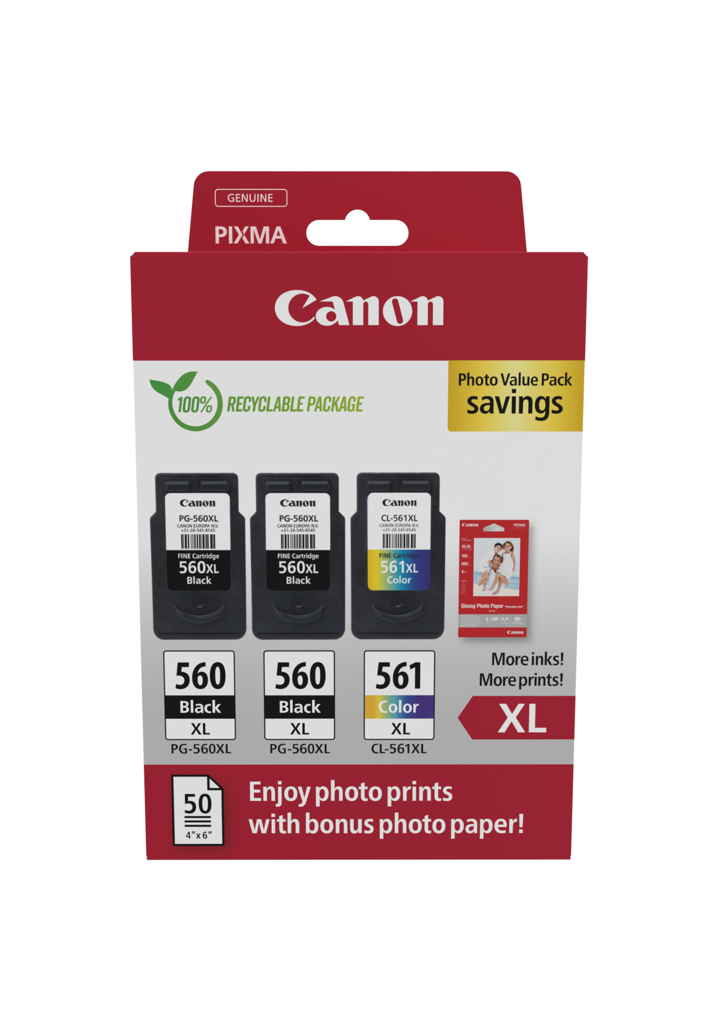 Canon PG-560XLx2/CL-561XL schwarz, color Druckköpfe + Fotopapier, 3er-Set