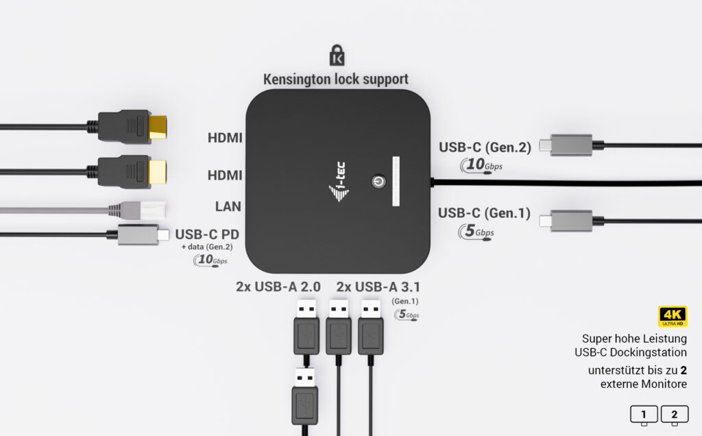 I-TEC USB-C Dual HDMI DS 2x HDMI 1x GLAN 2x USB-A 3.2 2x USB 2.0 1x USB-C Gen2 1x USB-C Gen1 1x Audio/Mic Jack 1x 100W USB-C PD