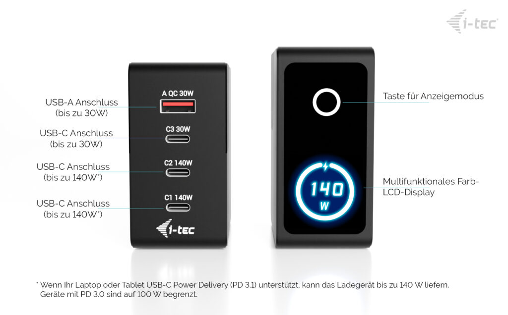 I-TEC 140W Intelligent Multiport USB Charger 3x USB-C 1x USB-A LCD display
