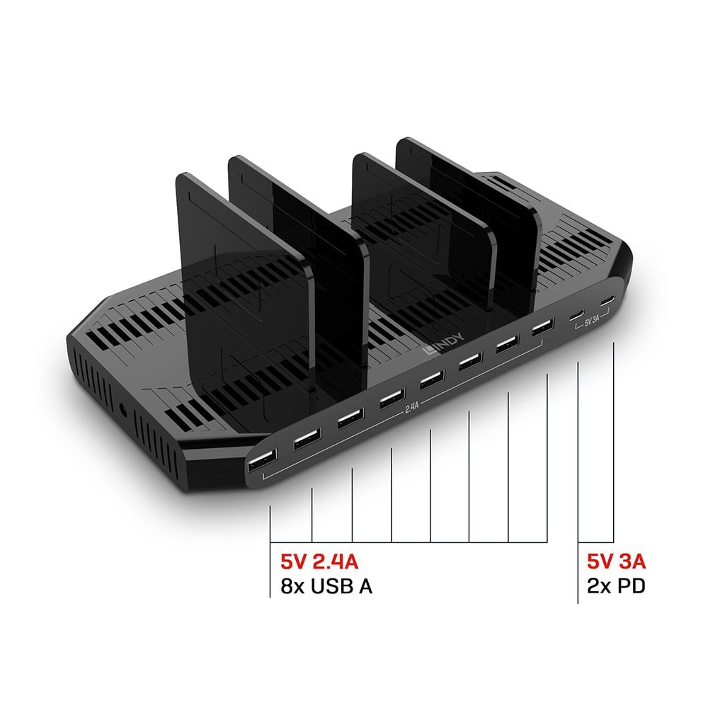 LINDY 10-Port USB-Ladestation 120W, 2xUSB-C 5V3A/8xUSB 2,4A