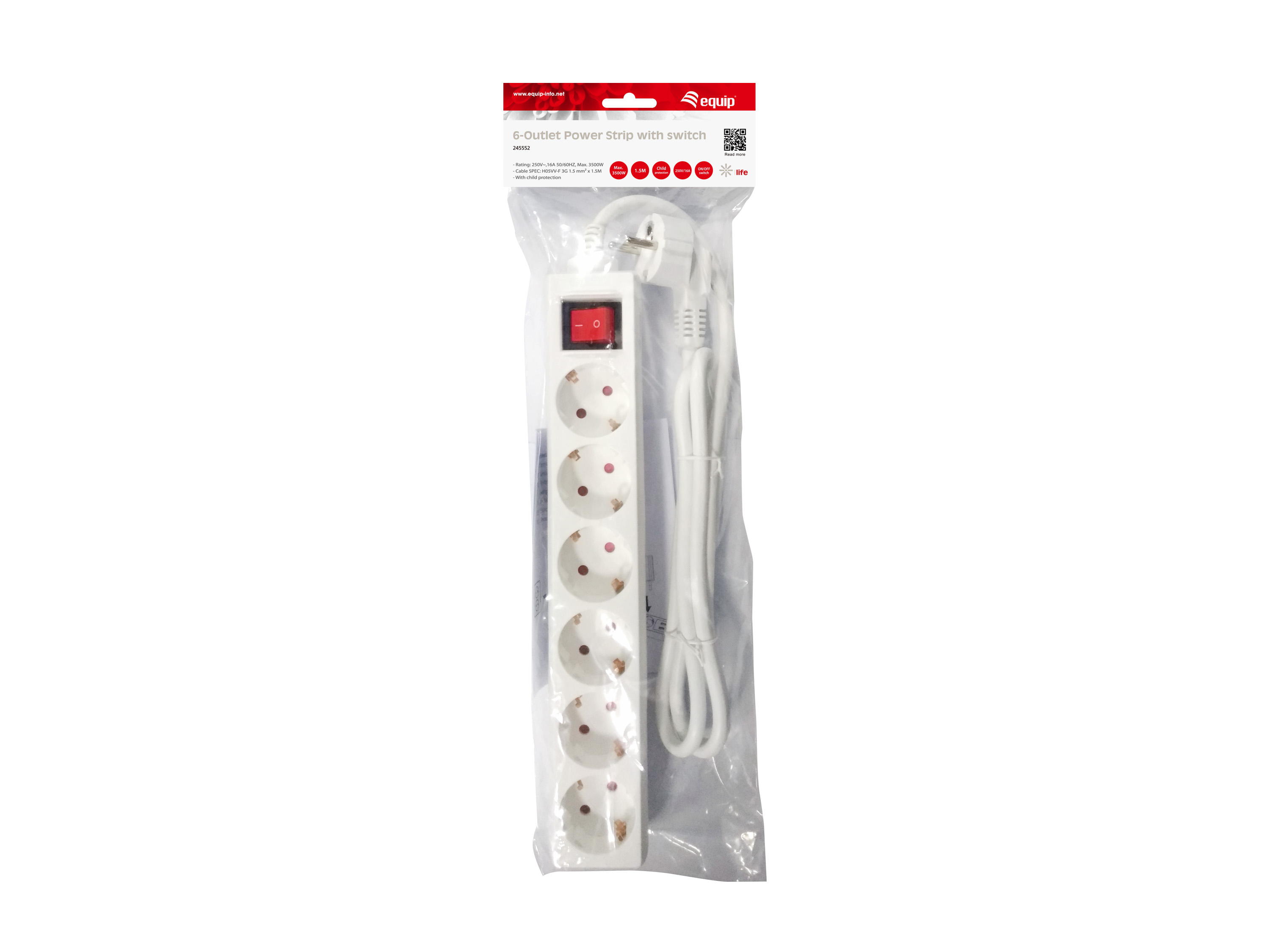 Equip Steckdosenleiste 6xSchuko+Switch->St.90°CL ws. Pla.
