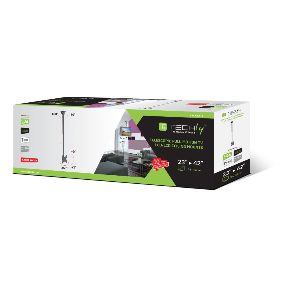 TECHLY Teleskop Universal Deckenhalterung fuer 1 LCD TV LED 58,42cm-106,68cm 23-42Zoll langer Arm