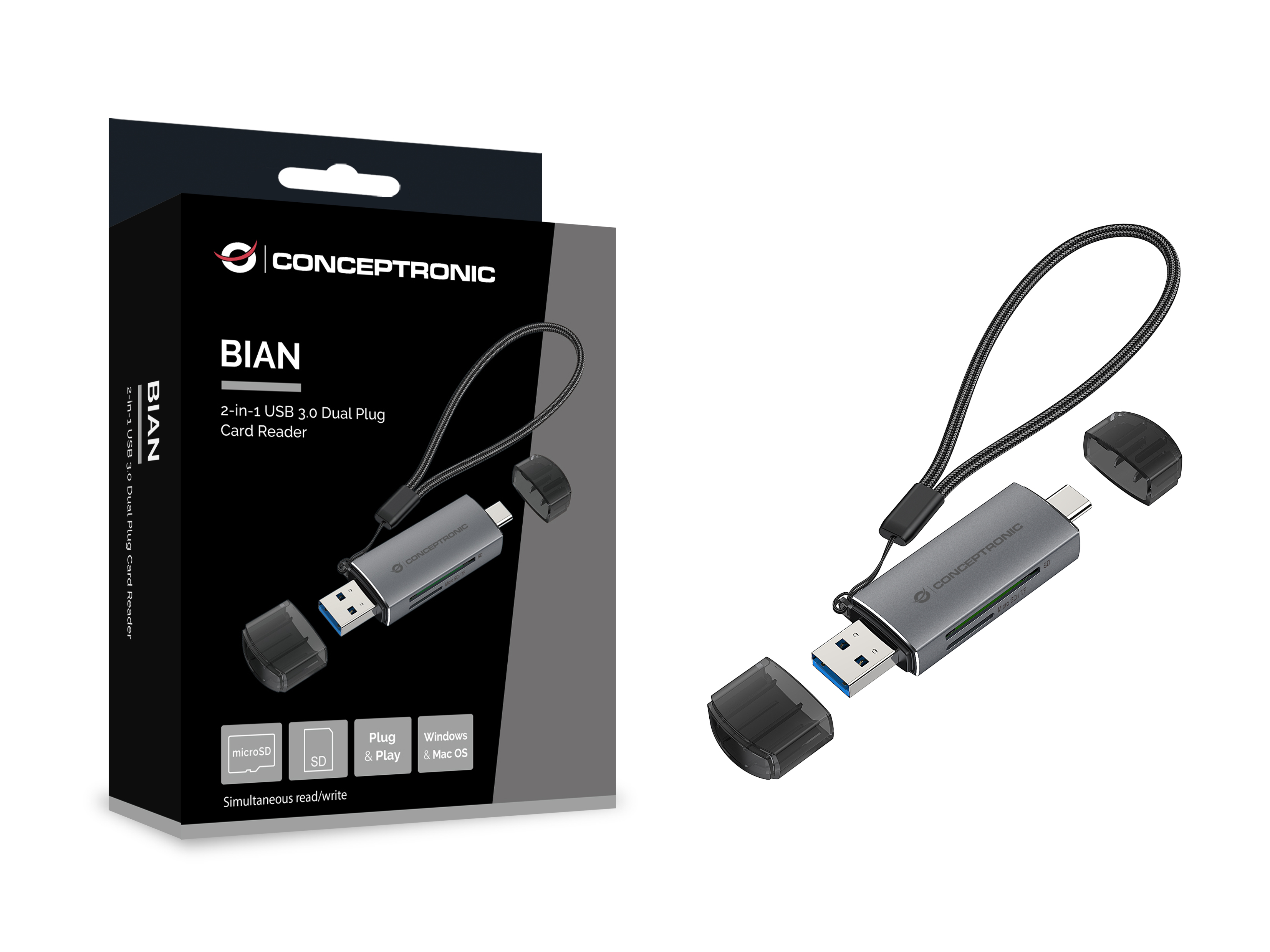 CONCEPTRONIC Kartenleser USB-A/-C3.2->TF/Micro-SD3.0 schwarz