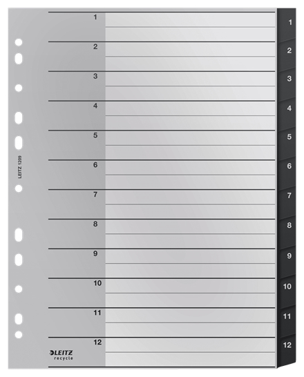 LEITZ Ordnerregister recycle 1209 DIN A4 Vollformat, Überbreite 1-12 schwarz 12-teilig, 1 Satz