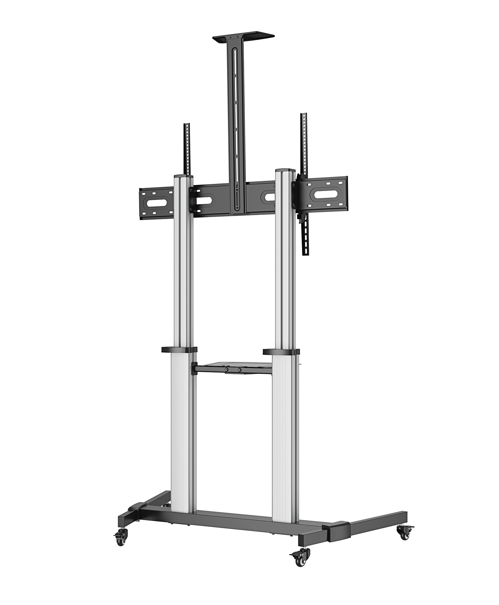 MANHATTAN Aluminium Multimedia TV-Ständer auf Rollen höhenverstellbar 152,4-254cm 60-100Zoll bis 80 kg neigbar rotierbar Fachboden