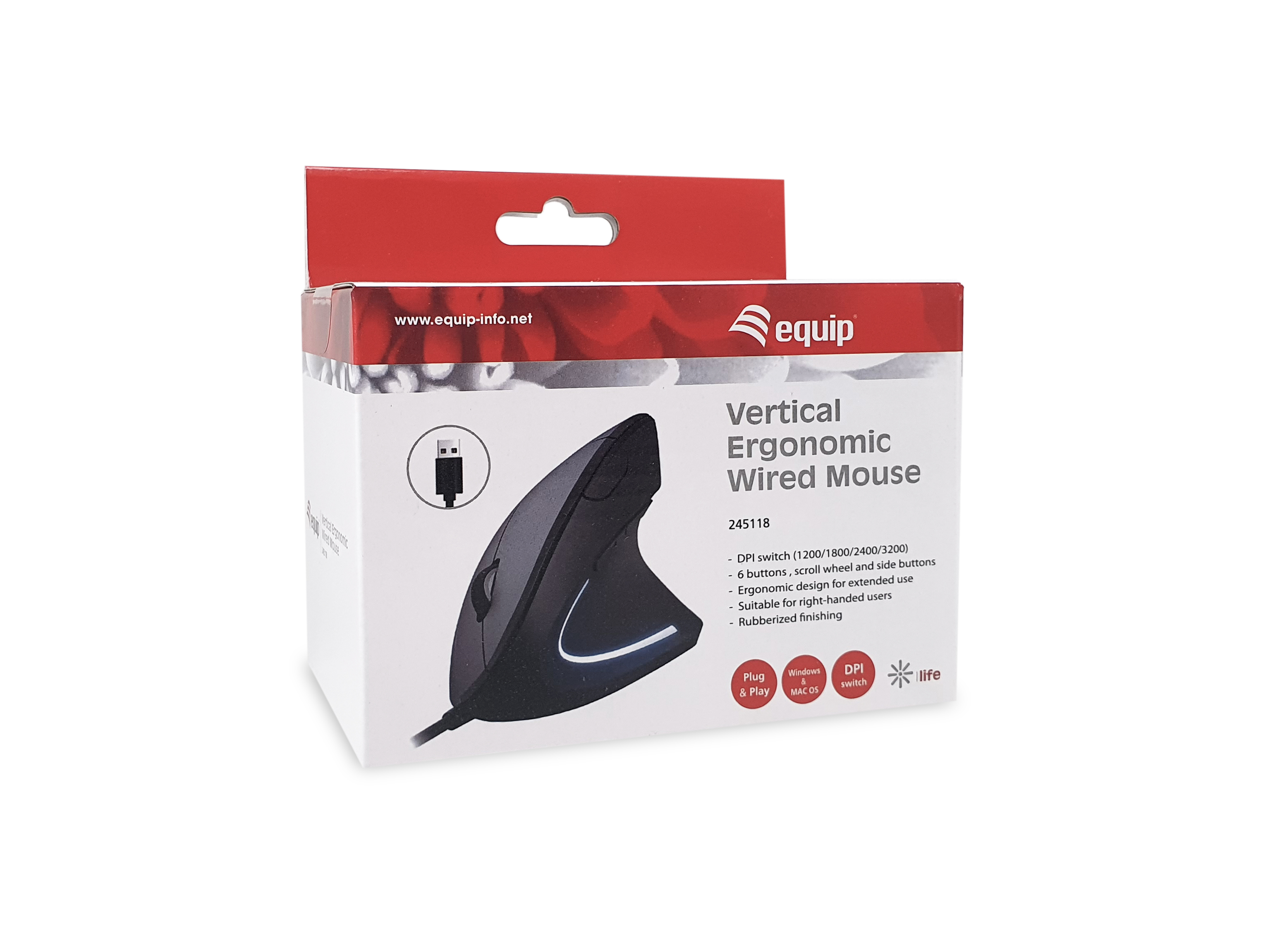 Equip Ergonomische Maus USB-A Stecker 1.80m Rechts schwarz
