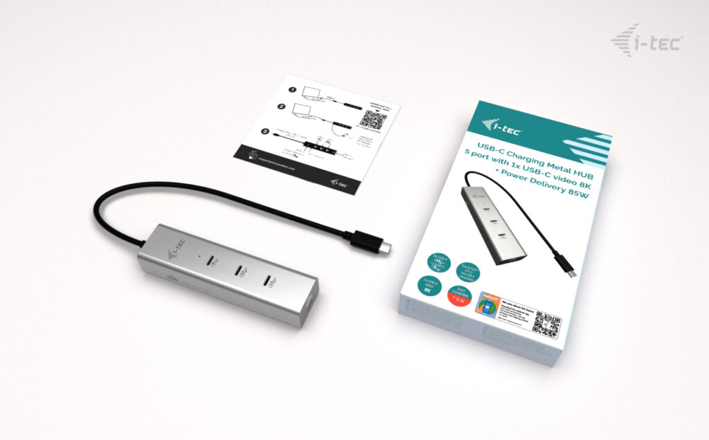 I-TEC USB-C Charging Metal HUB 5port with USB-C video 8K 1xUSB-C video/Data 1xUSB-C PD/Data 1xUSB-C 3.2 Gen1 2xUSB-C 3.2 Gen2 PD85W