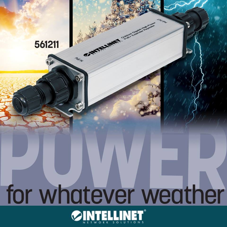INTELLINET Outdoor Gigabit PoE+ Extender IEEE 802.3at/af verlaengert die Reichweite einer PoE-Verbindung um 100m Metall IP65
