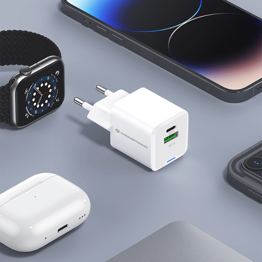 CONCEPTRONIC Ladegerät 2Port GaN USB-C/-A 20WPD3.0/PPS ws