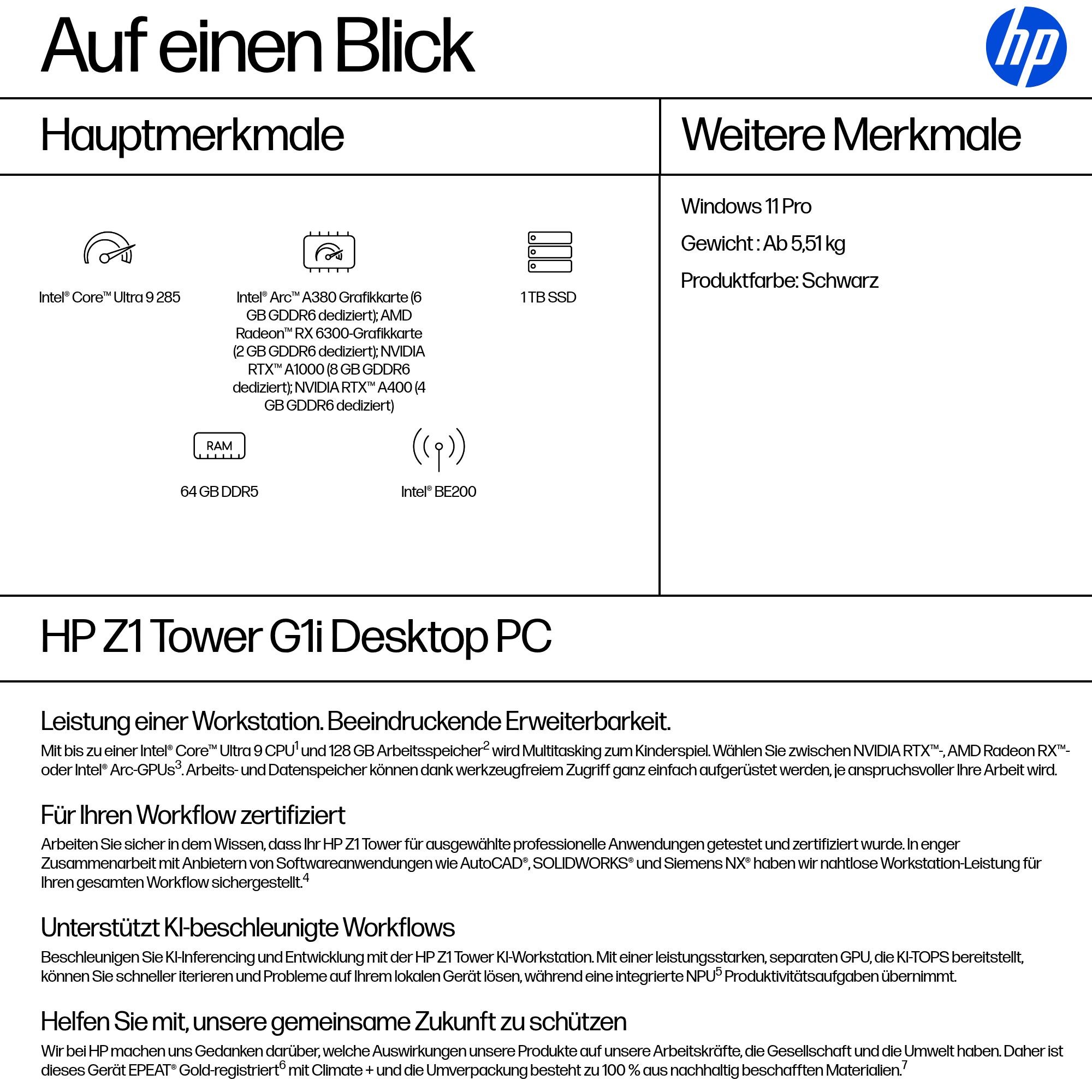 HP Z1 G1i Intel Core Ultra 9 285 32GB 1TB/SSD W11P 3J Gar (DE)