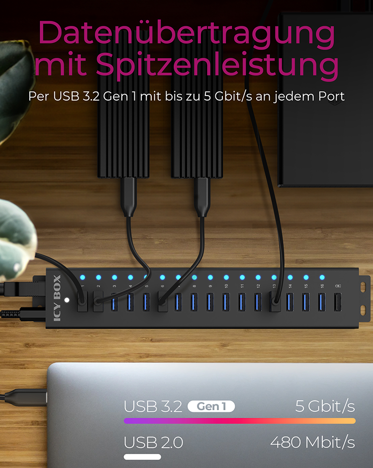 Hub 16+1 Port USB IcyBox 16x USB; 1x USB Laden USB3.2 Gen1 retail