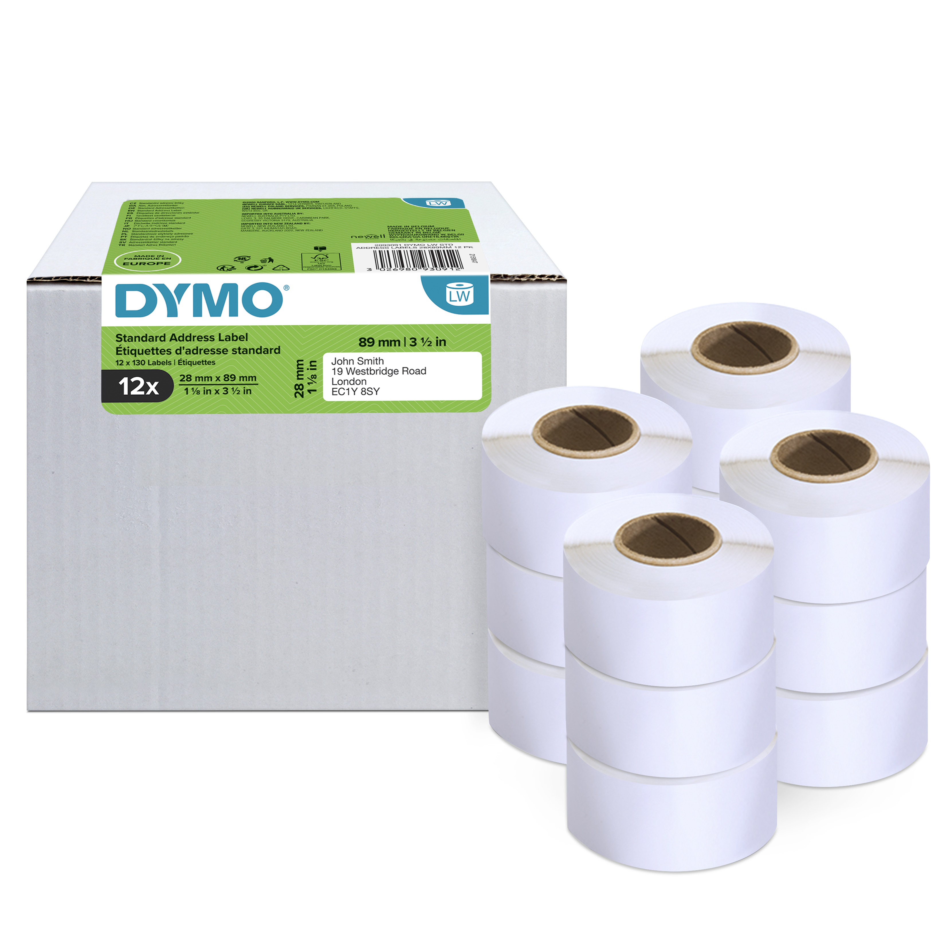 DYMO Etikettenrollen für Etikettendrucker S0722370 weiß, 28,0 x 89,0 mm, 12 x 130 Etiketten