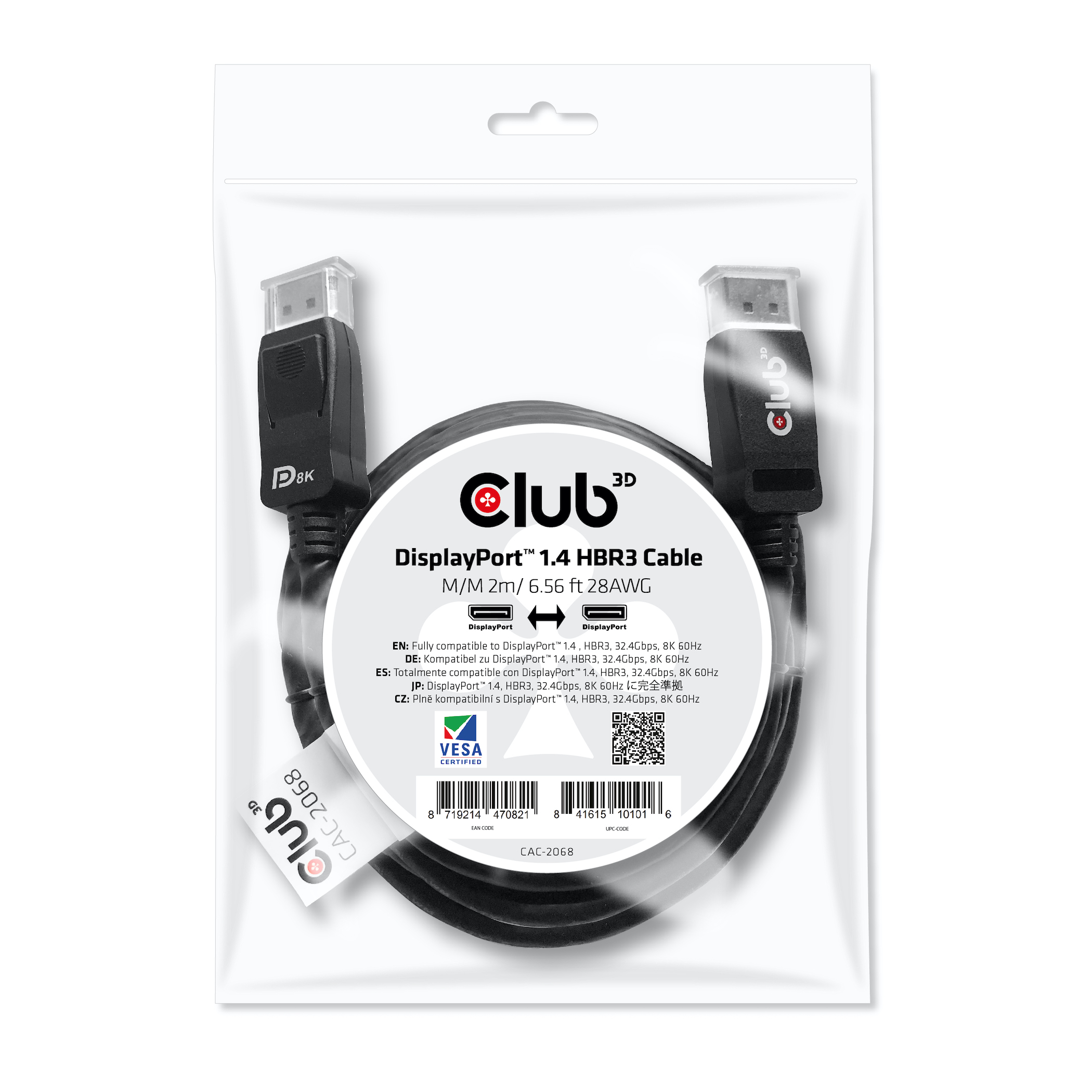 Club3D DisplayPort-Kabel 1.4 HBR3 32,4Gb/s 2m 8K60Hz St/St Polybeutel