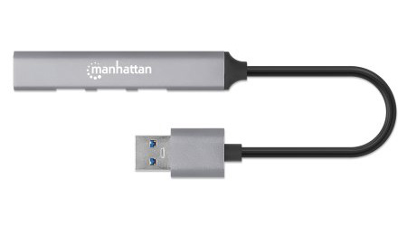 MANHATTAN 4-Port USB 3.0/2.0 Kombo-Hub USB-A-Stecker auf ein5 Gbit/s USB 3.2 Gen1-Port drei 480 Mbit/s USB 2.0-Ports Aluminium grau