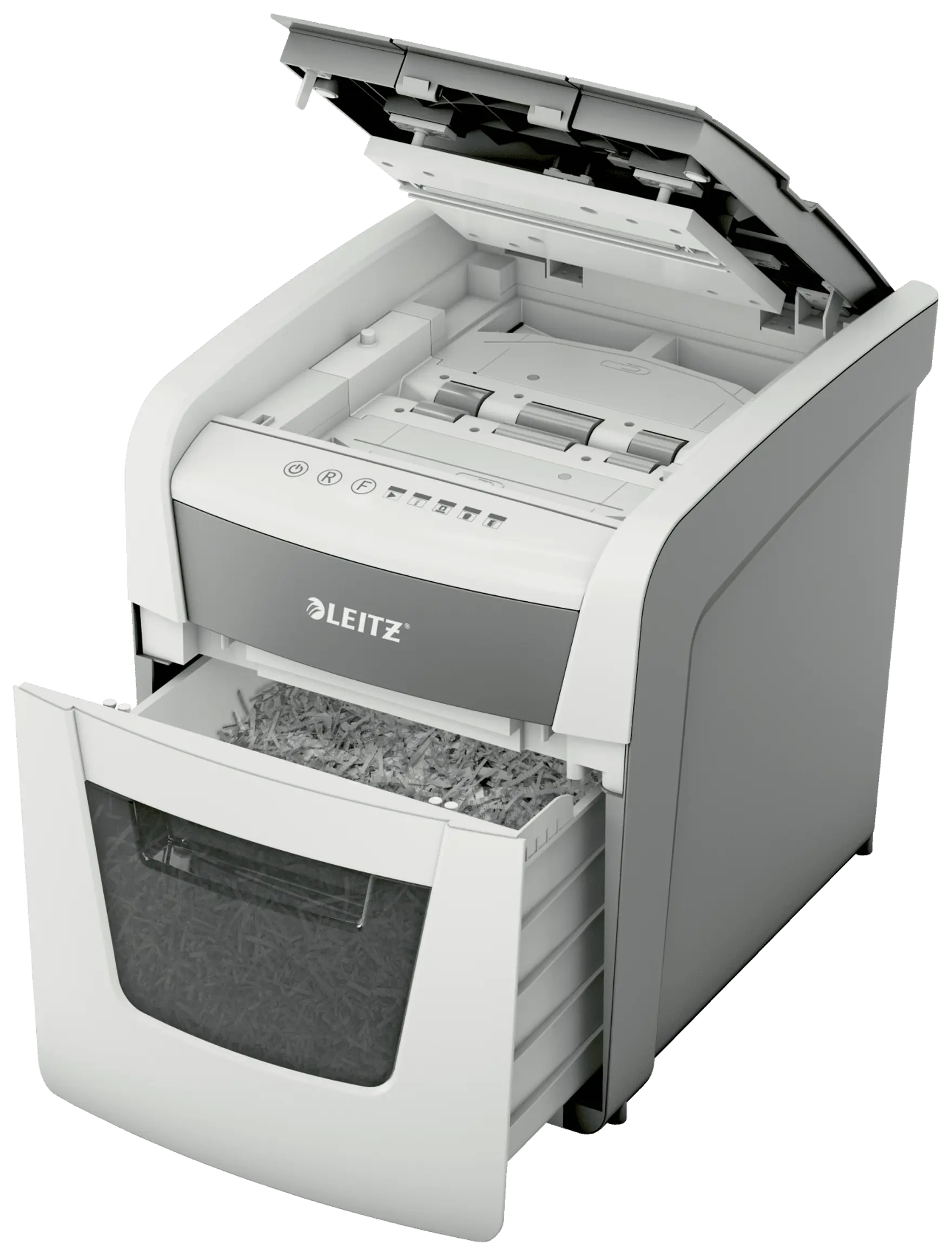 LEITZ IQ Autofeed Small Office 50 Aktenvernichter mit Partikelschnitt P-4, 4 x 28 mm, bis 50 Blatt, weiß