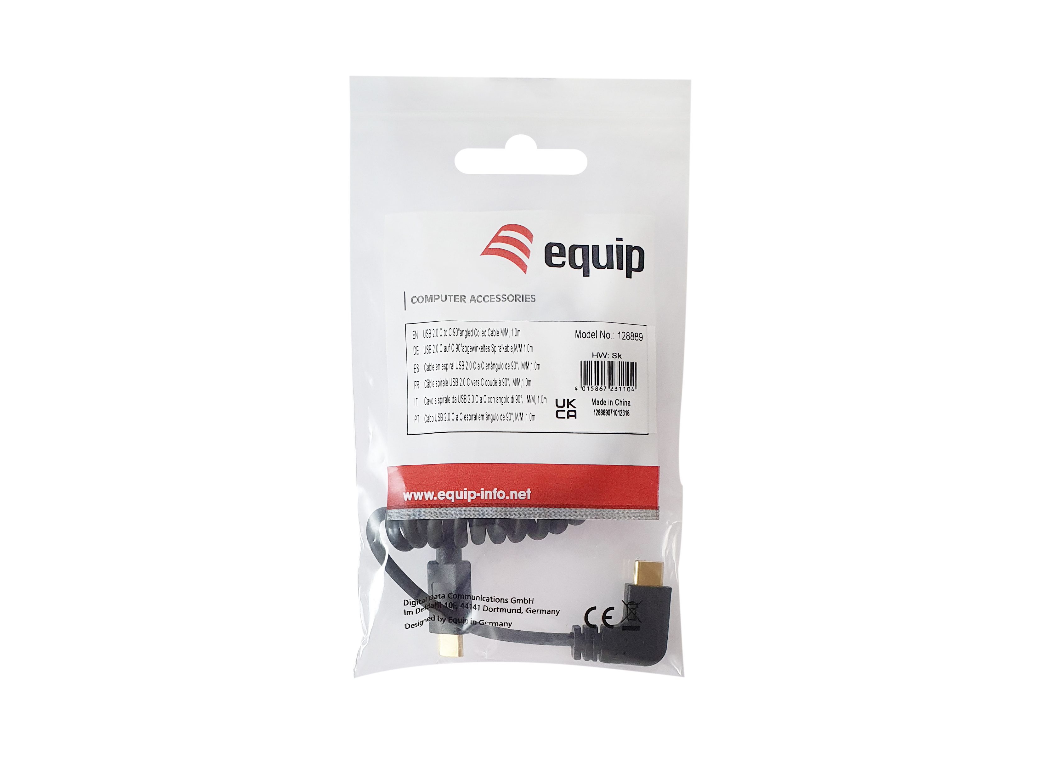 Equip Kabel USB-C2.0->C 90°Coil PD60W St/St 1.00m schwarz