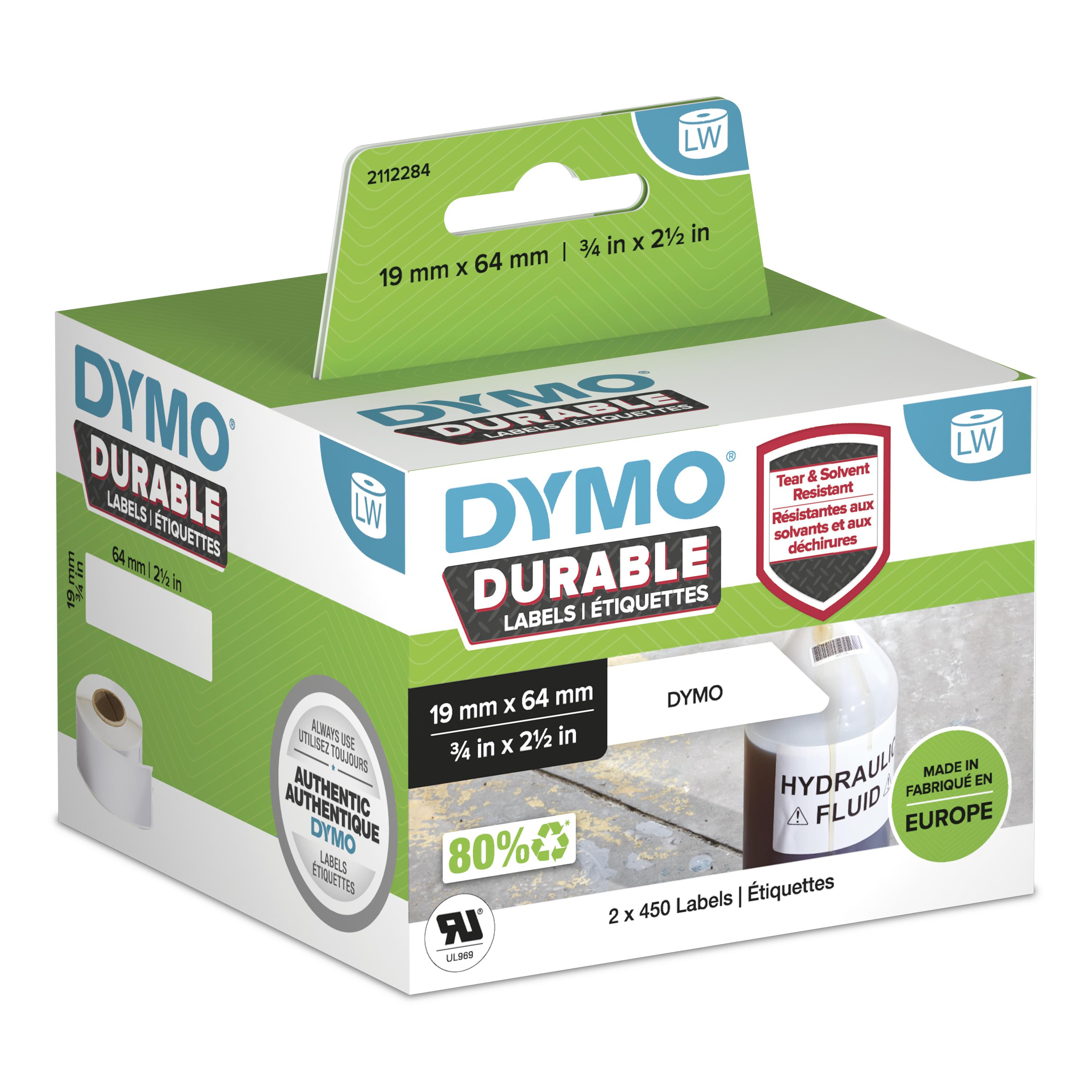 DYMO LW-Kunststoff-Etiketten 19x64mm 2x450 St weiß permanent