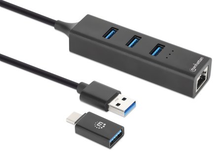 MANHATTAN 3-Port USB 3.0 Typ-C/A Kombo-Hub + Netzwerkadapter