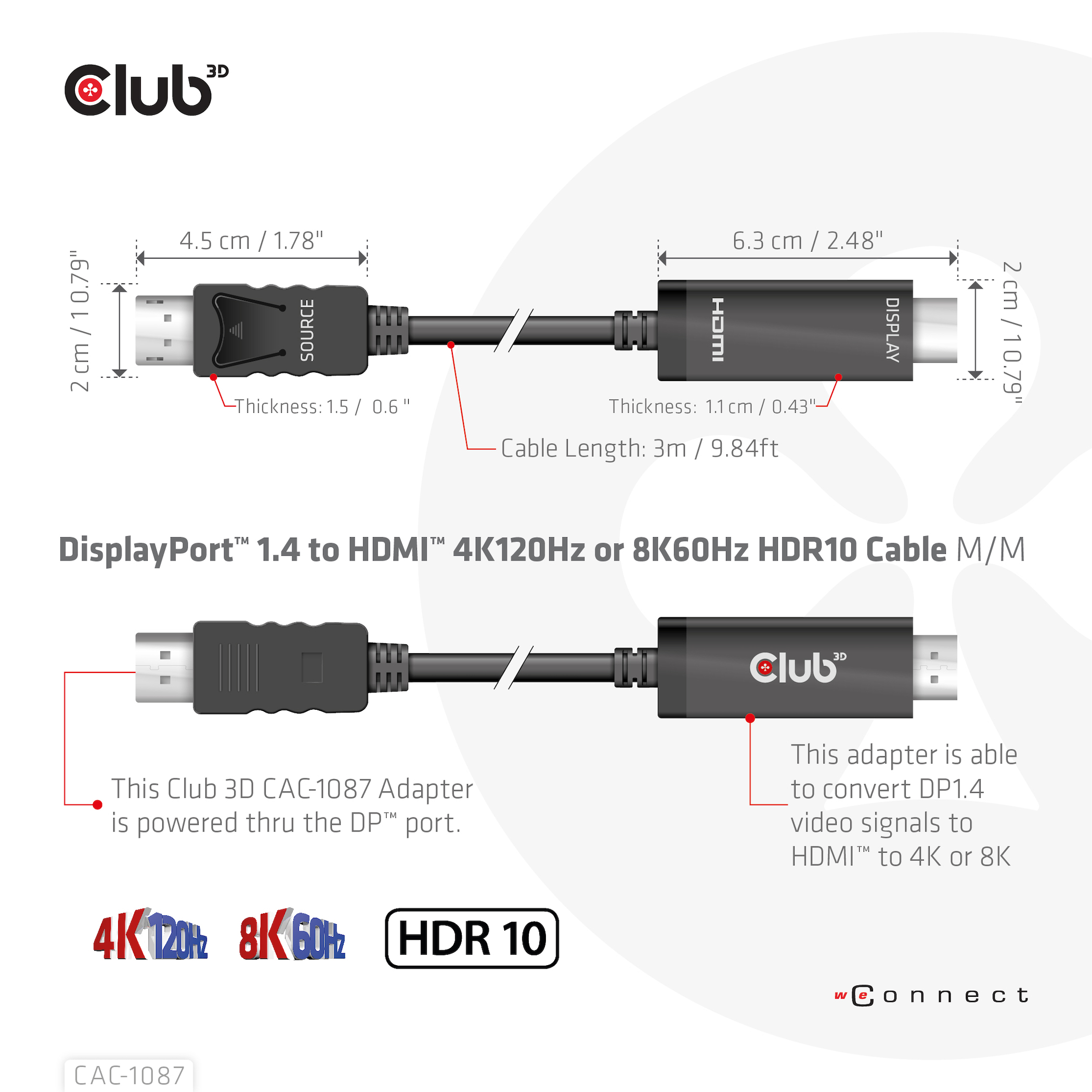 Club3D Kabel DisplayPort 1.4 > HDMI HDR 8K60Hz aktiv 3m retail