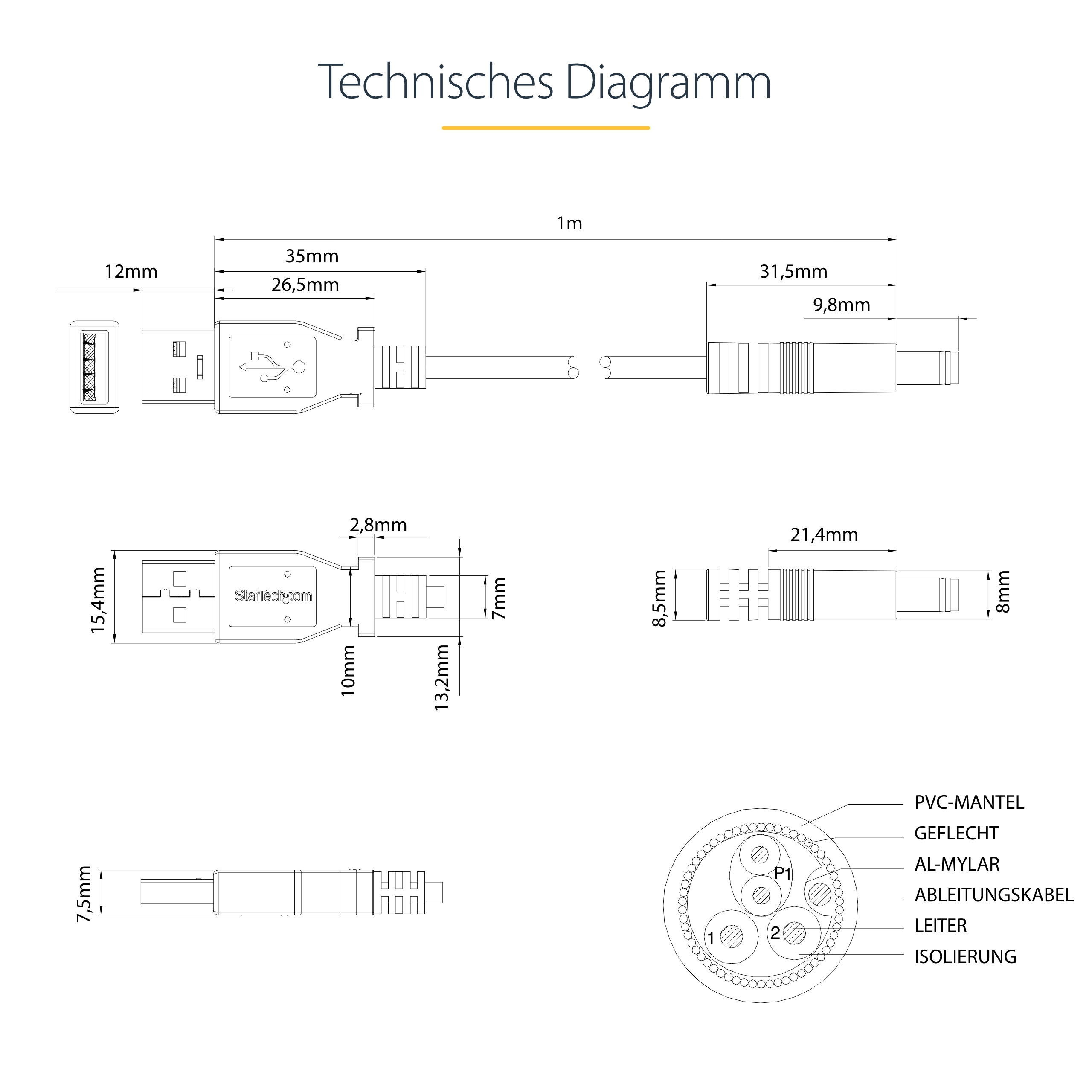 StarTech.com USB2TYPEN1M USB-A zu Typ N Stromkabel 1 m Schwarz