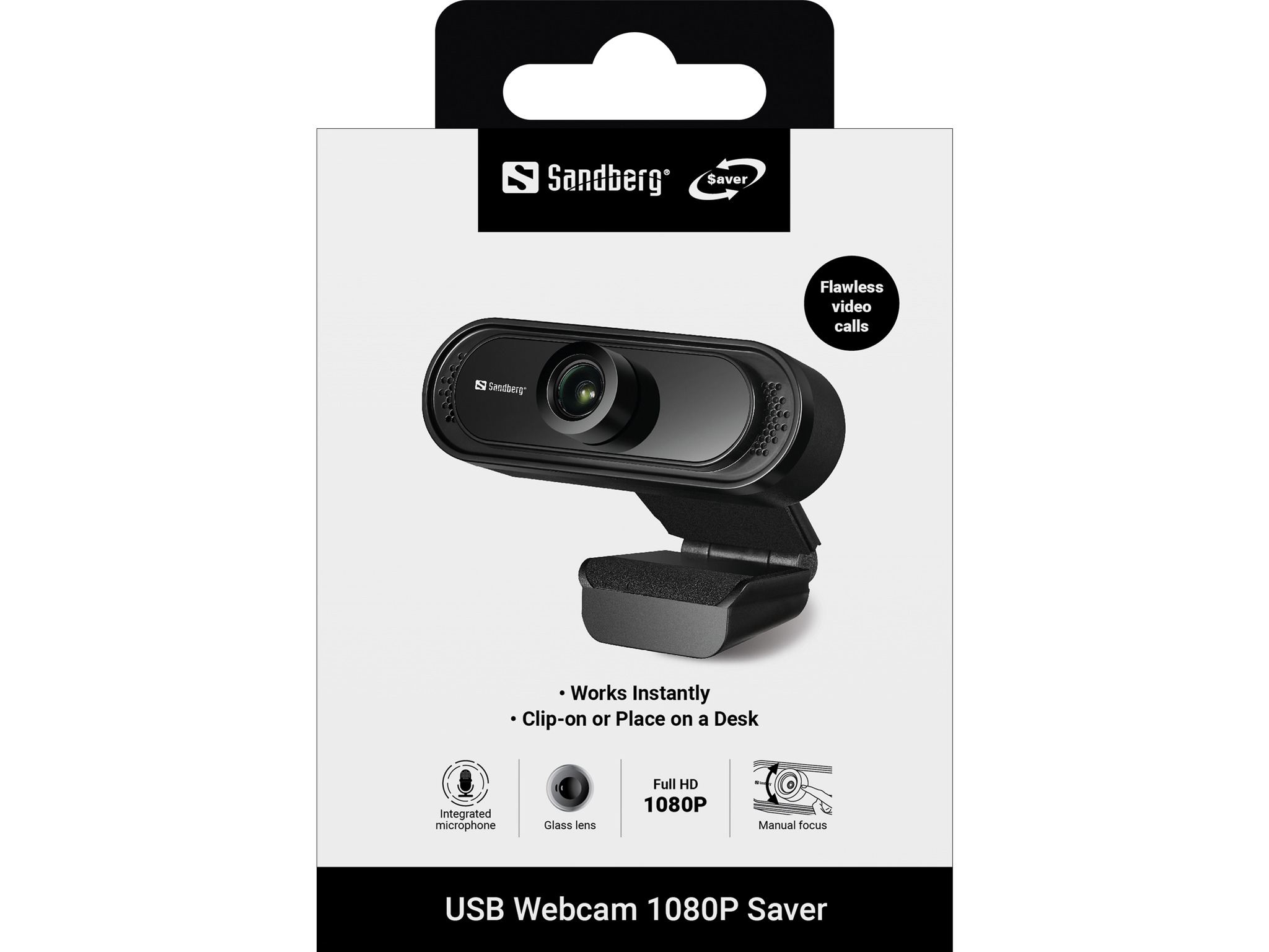 SANDBERG USB Webcam 1080P Saver. Keine Treiberinstallation. Mit Klemme fuer Bildschirm. Stereomikrofon eingebaut.