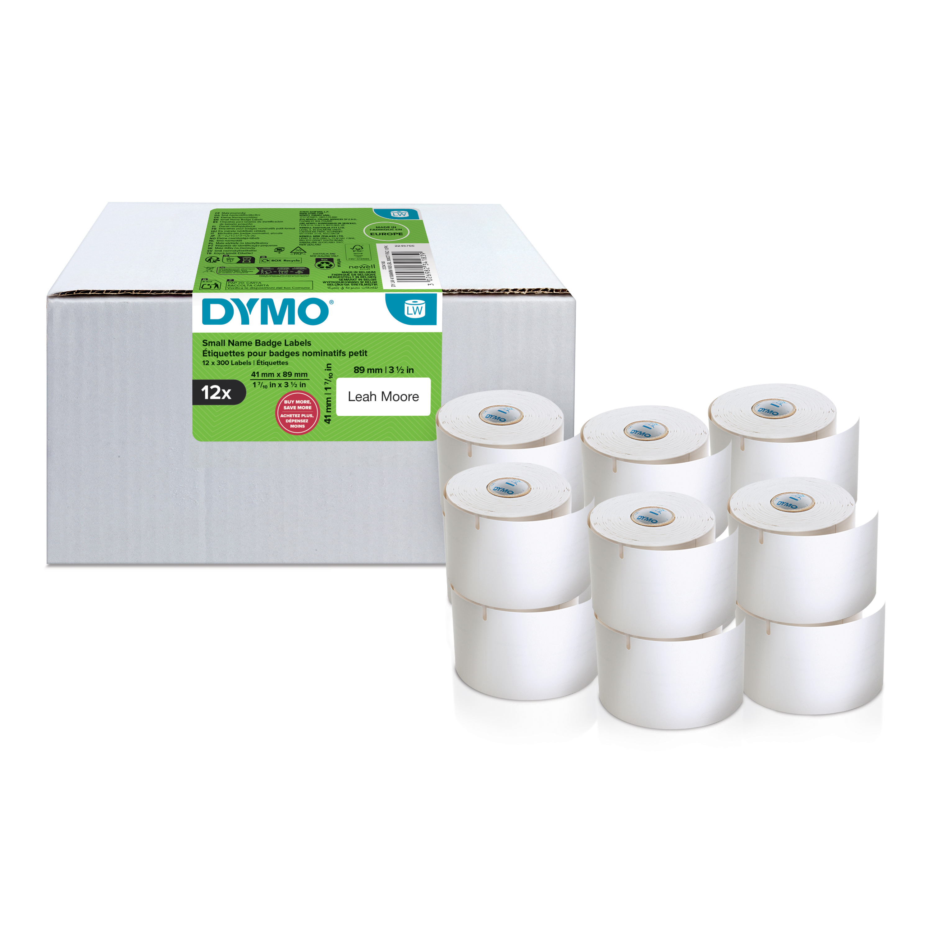 DYMO Etikettenrolle für Etikettendrucker weiß, 41,0 x 89,0 mm, 12 x 300 Etiketten