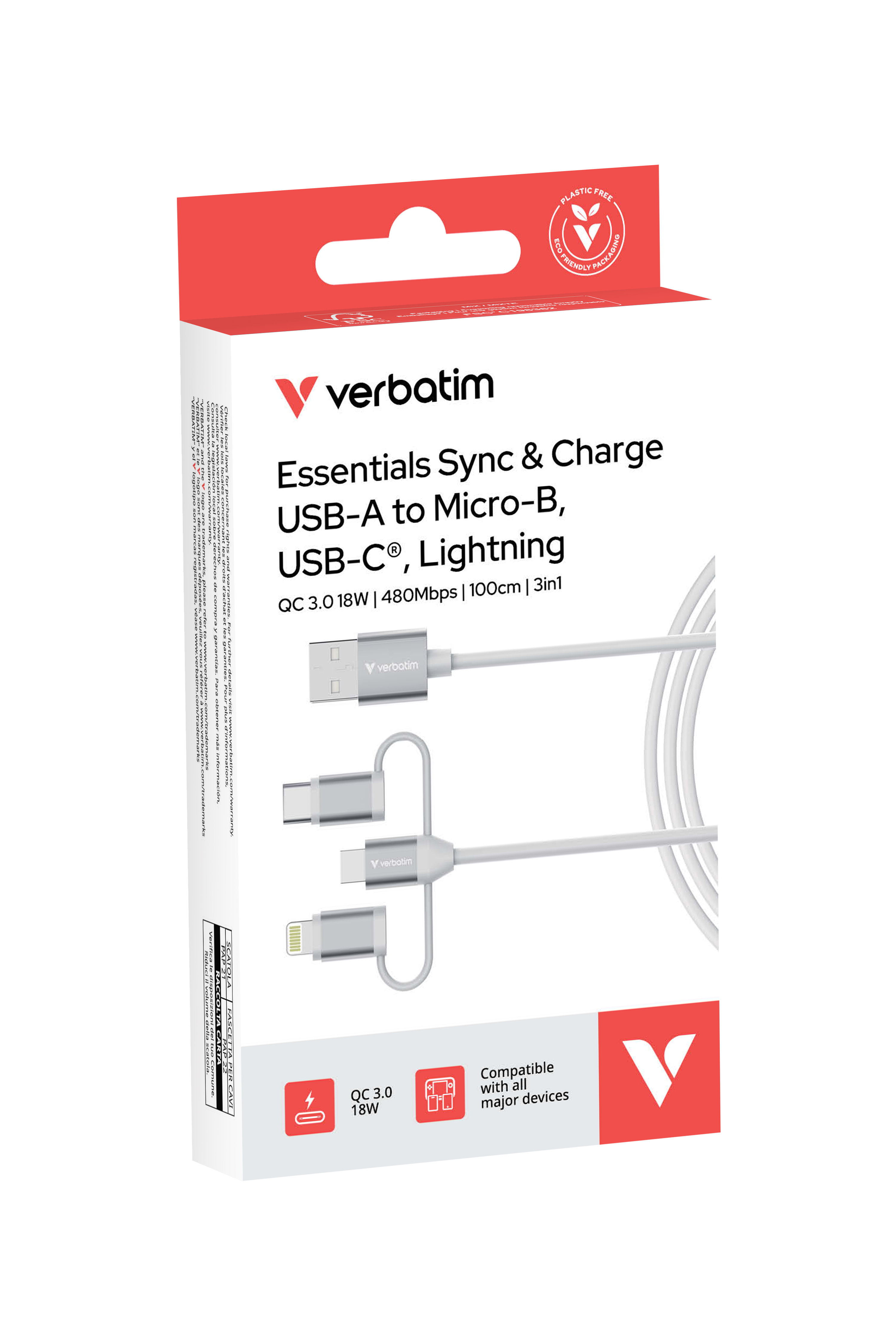 Verbatim Sync & Charge 3-in-1 USB A to USB-B&C/Lightning