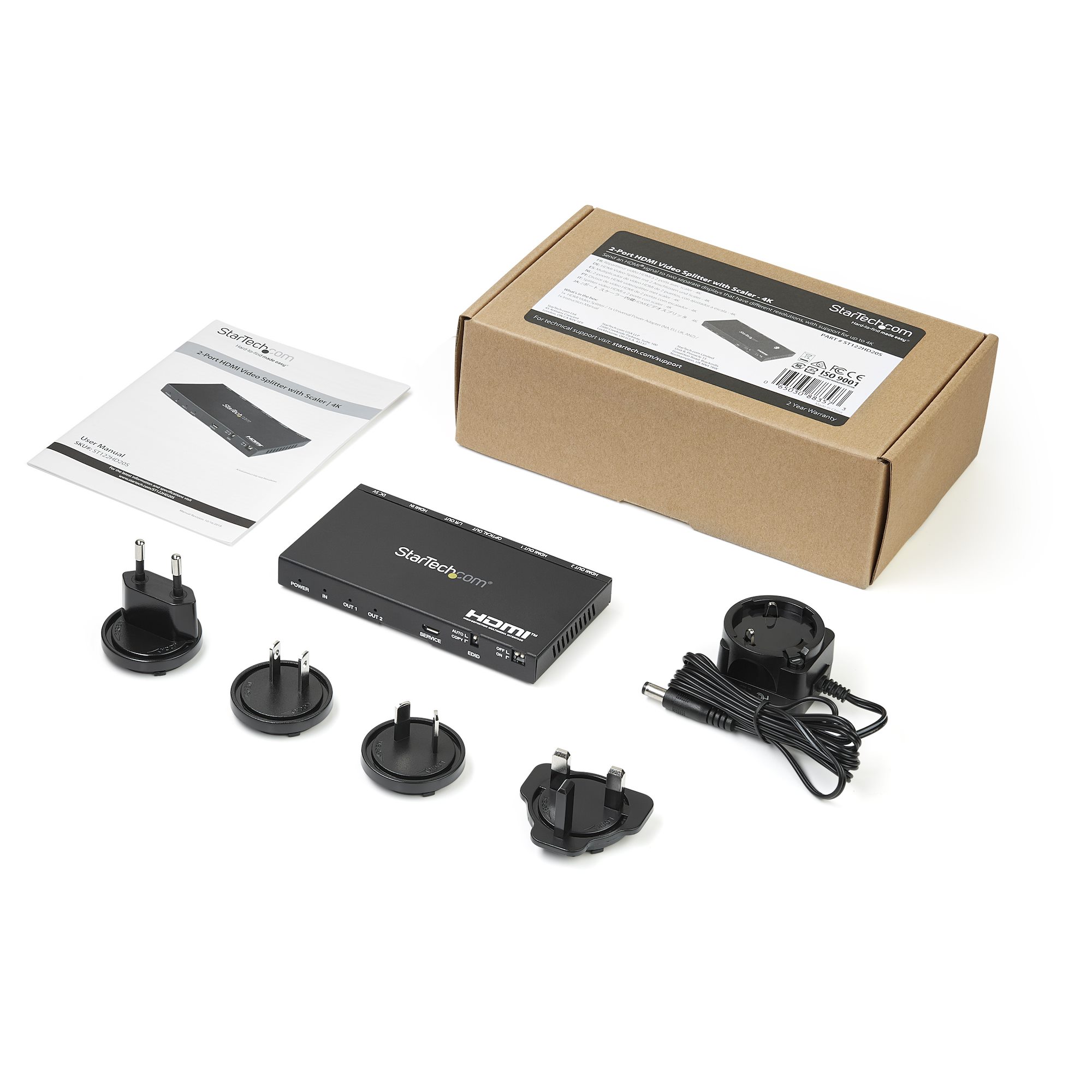 STARTECH.COM 2 Port HDMI Splitter - 4K 60Hz mit eingebautem Scaler - HDCP 2.2 - EDID Emulation - 7.1 Surround Sound