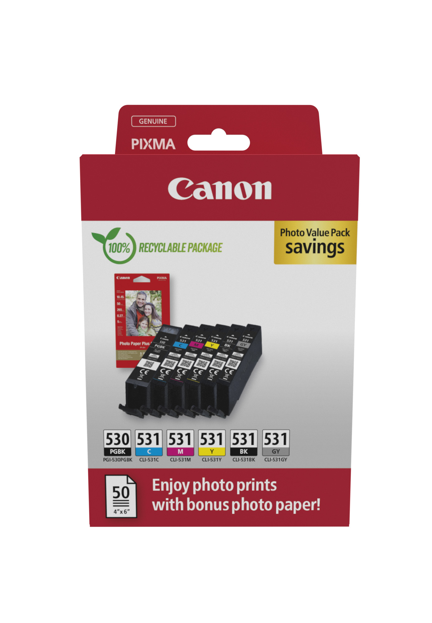 Canon PGI-530/CLI-531 PGBK/C/M/Y/BK/GY schwarz, cyan, magenta, gelb, grau, pigment-schwarz Druckerpatronen + Fotopapier, 6er-Set