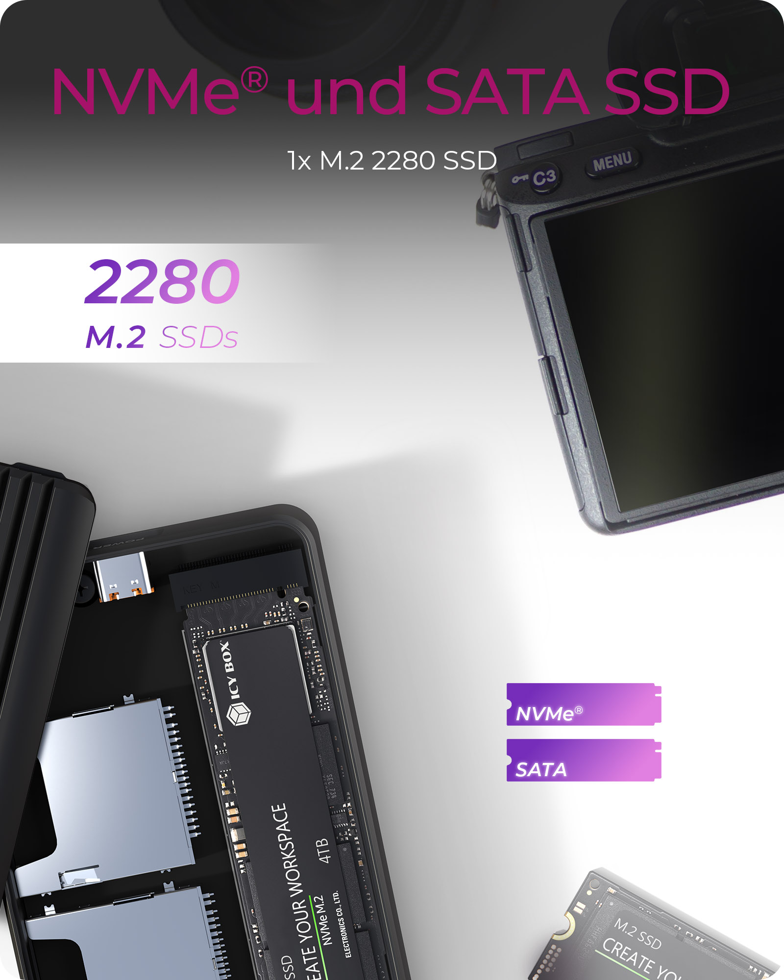 Geh. IcyBox M.2NVMe/SATA SSD mit zweifachem SD CR
