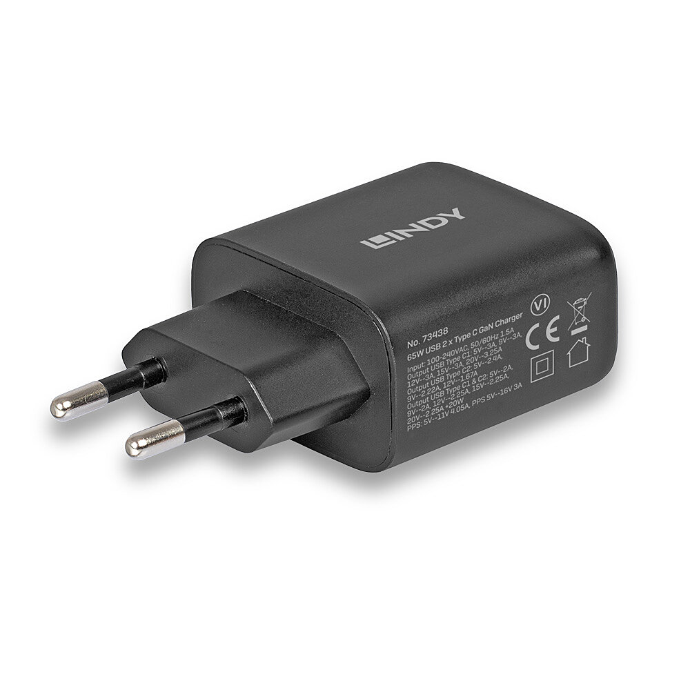 LINDY 65W USB 2 x Type C GaN Charger mit EU-Stecker