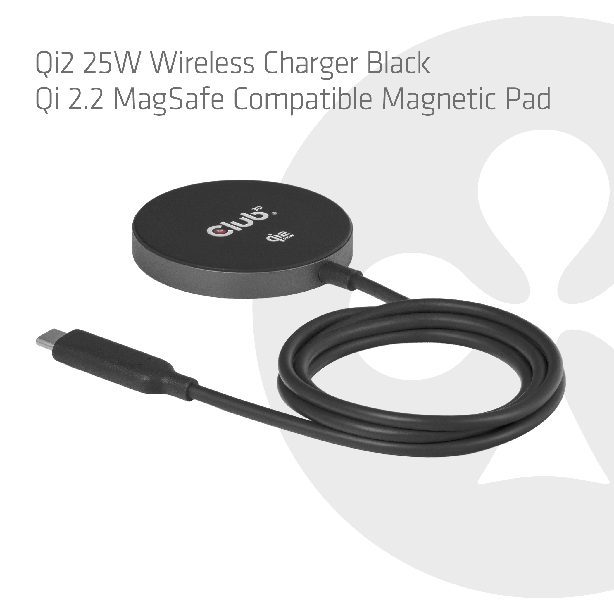 Club3D Ladegerät wireless Qi2 USB-C 25Watt, schwarz retail