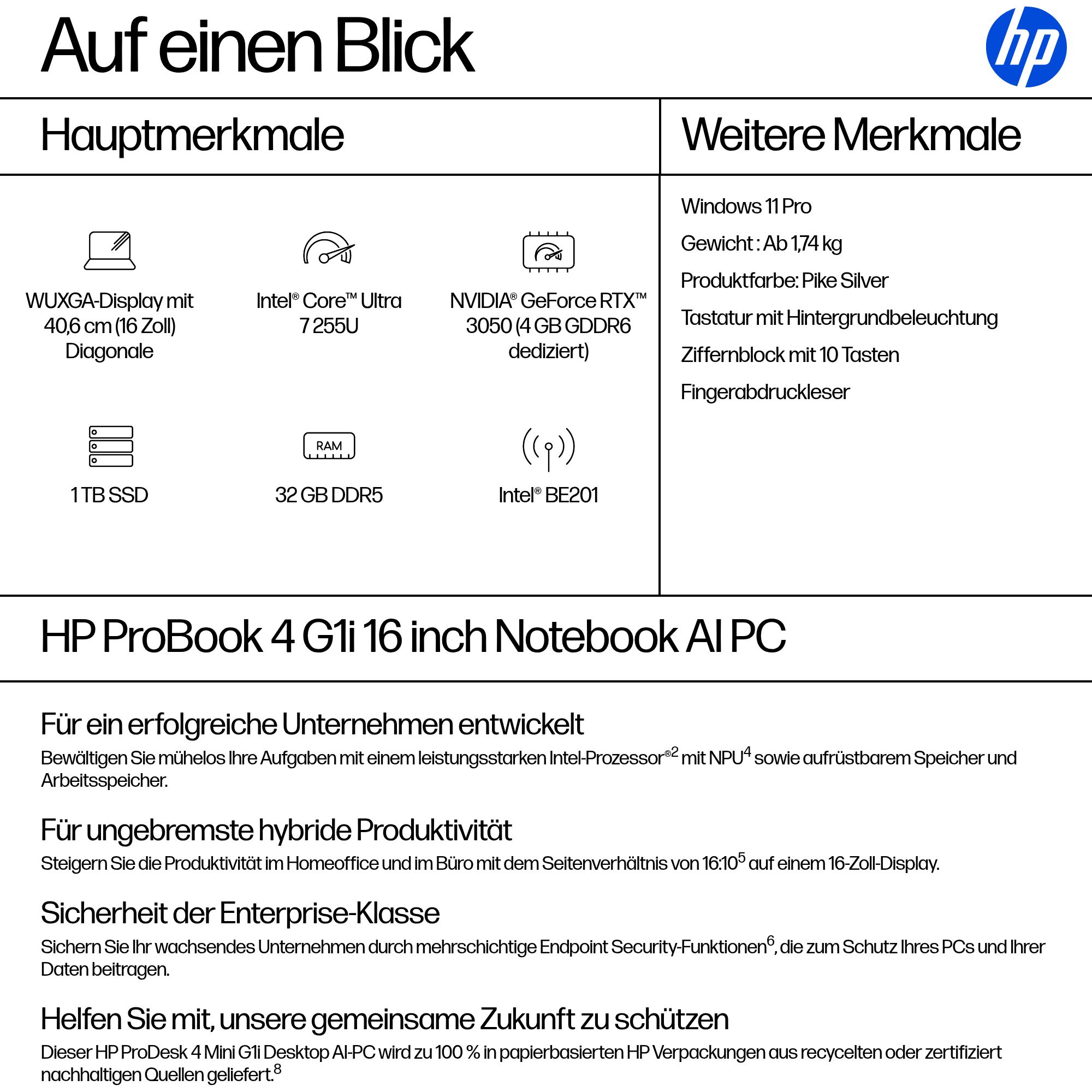 HP ProBook 4 G1i 16 Intel Core Ultra 7 255U 40,64cm 16Zoll WUXGA 32GB 1TB/SSD W11P Intel Notebook SmartBuy 1J Gar (DE)