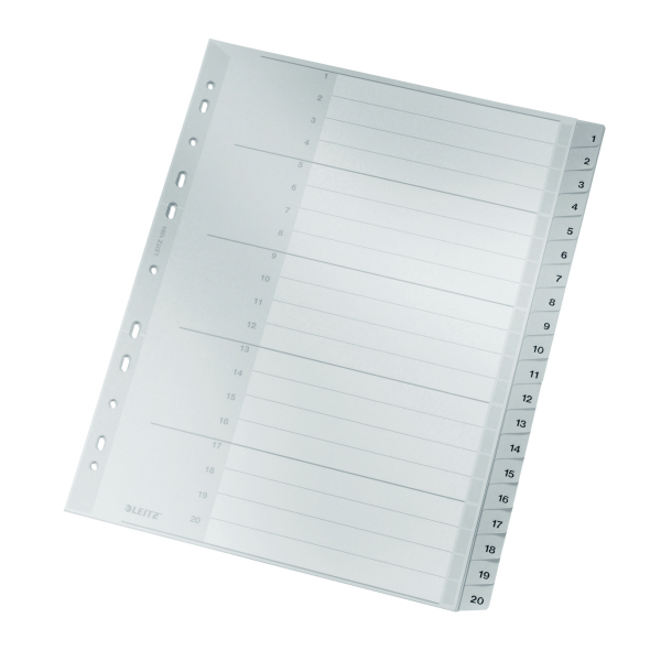 LEITZ Ordnerregister DIN A4+ Vollformat, Überbreite 1-20 grau 20-teilig, 1 Satz