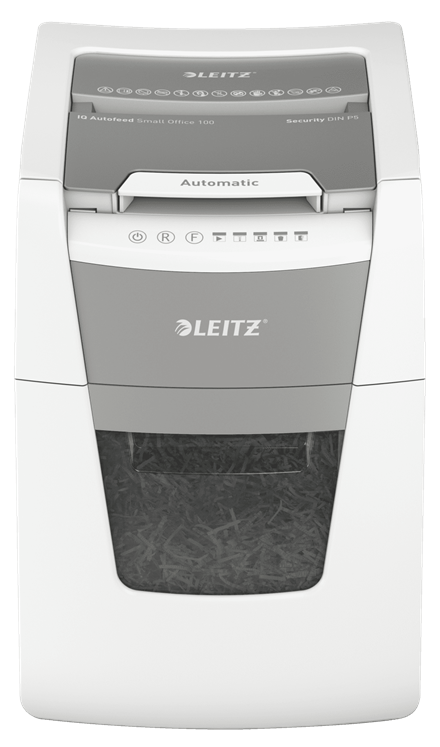 LEITZ IQ Autofeed Small Office 100 Aktenvernichter mit Partikelschnitt P-5, 2 x 15 mm, bis 100 Blatt, weiß