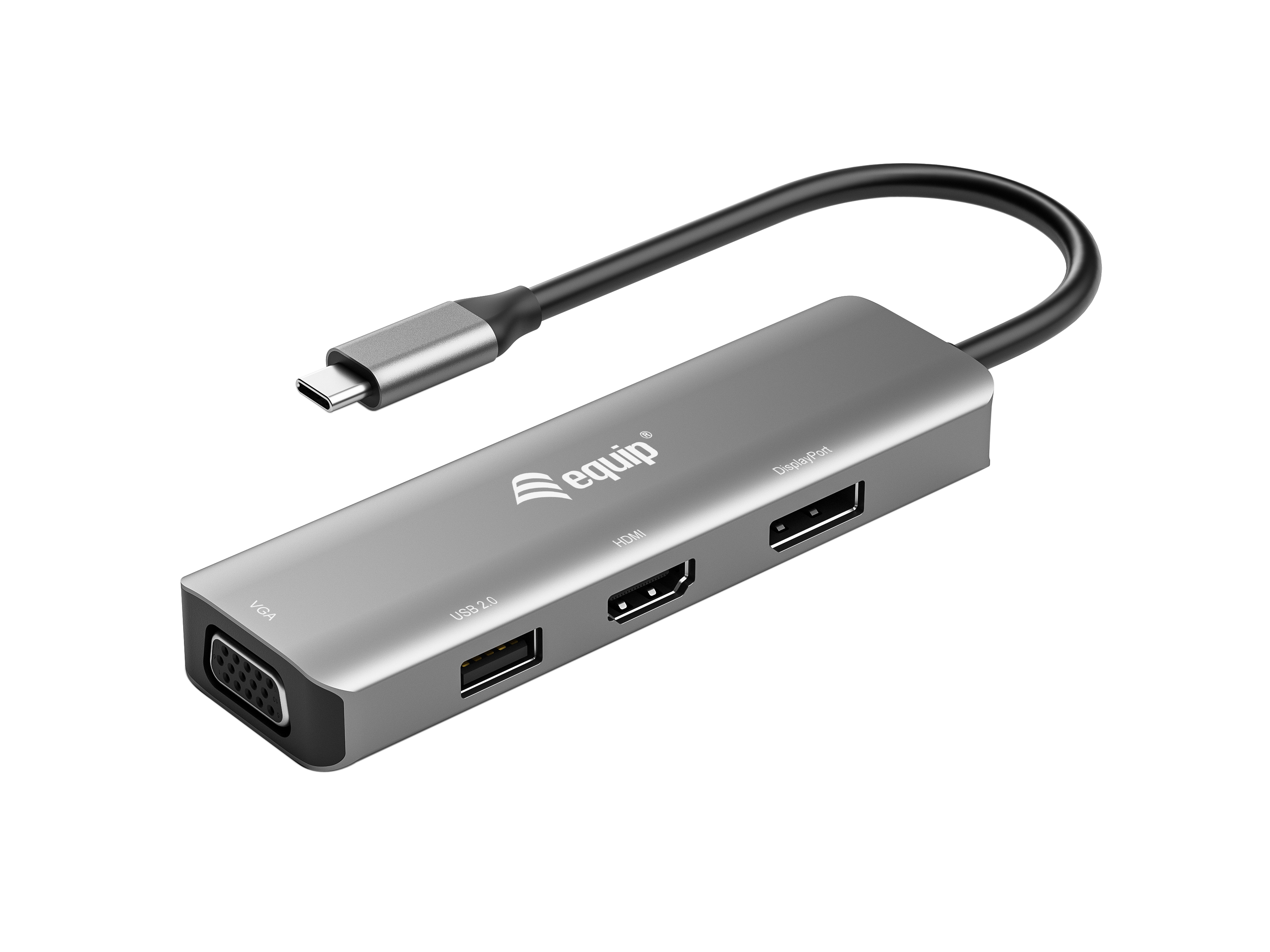 Equip Adapter USB-C->HDMI/DP/VGA/USB2.0 4K/ 60Hz 0.15m Alu.